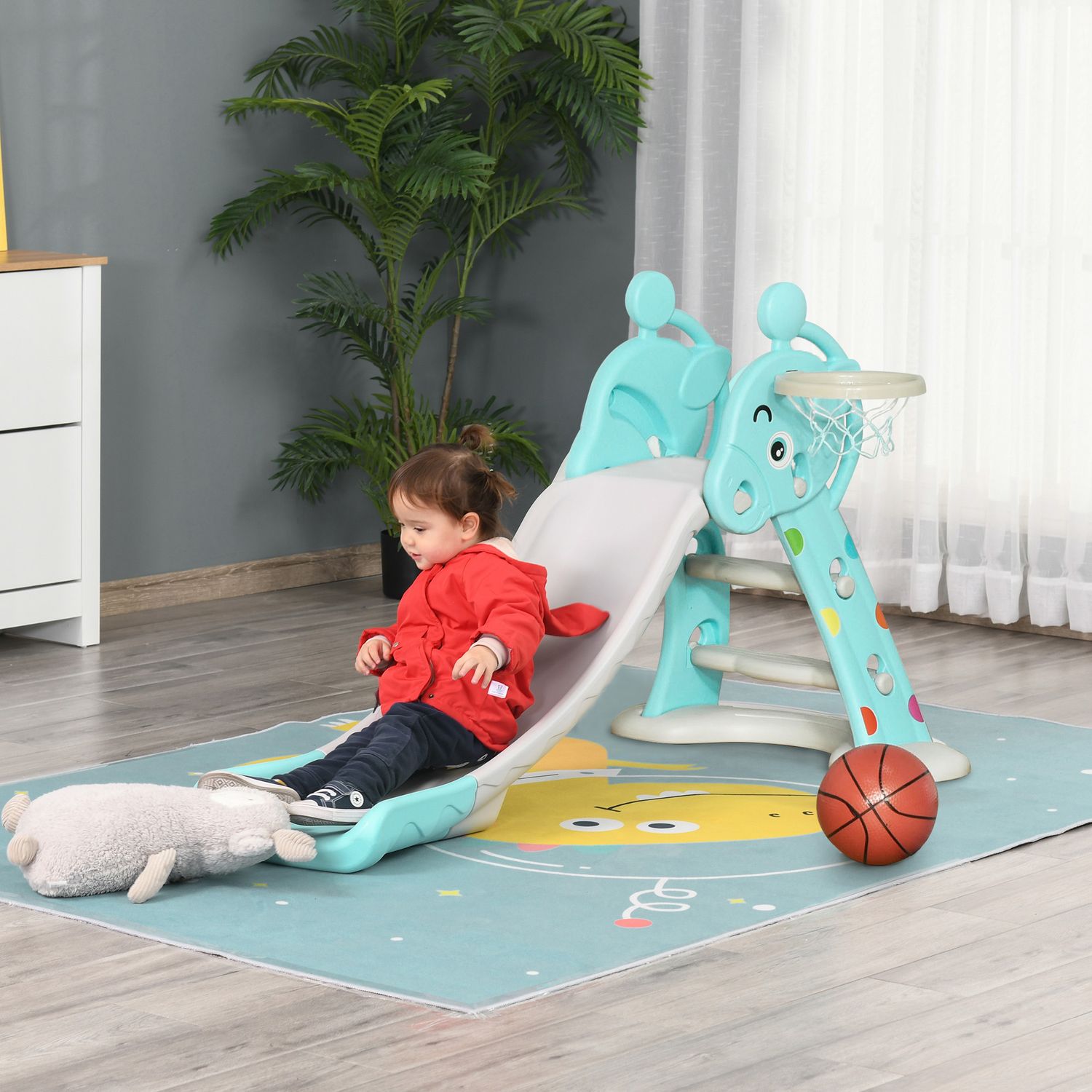 Homcom Giraffe Blau-Graue Kinderrutsche mit Basketballkorb
