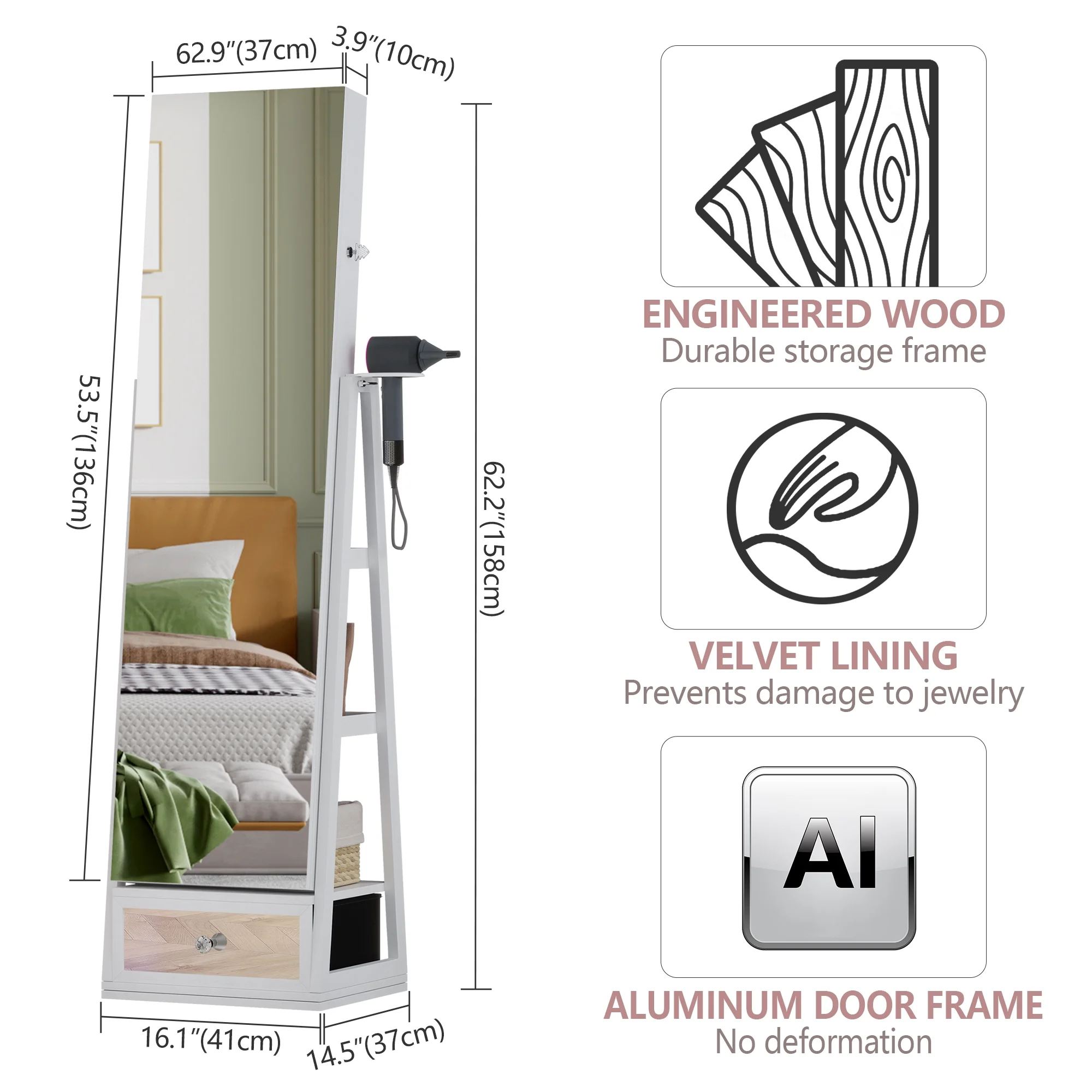 LVSOMT 360° roterende smykkeskrin med lys - fritstående organizer med spejl i fuld længde, lås og rigelig opbevaringsplads - hvid