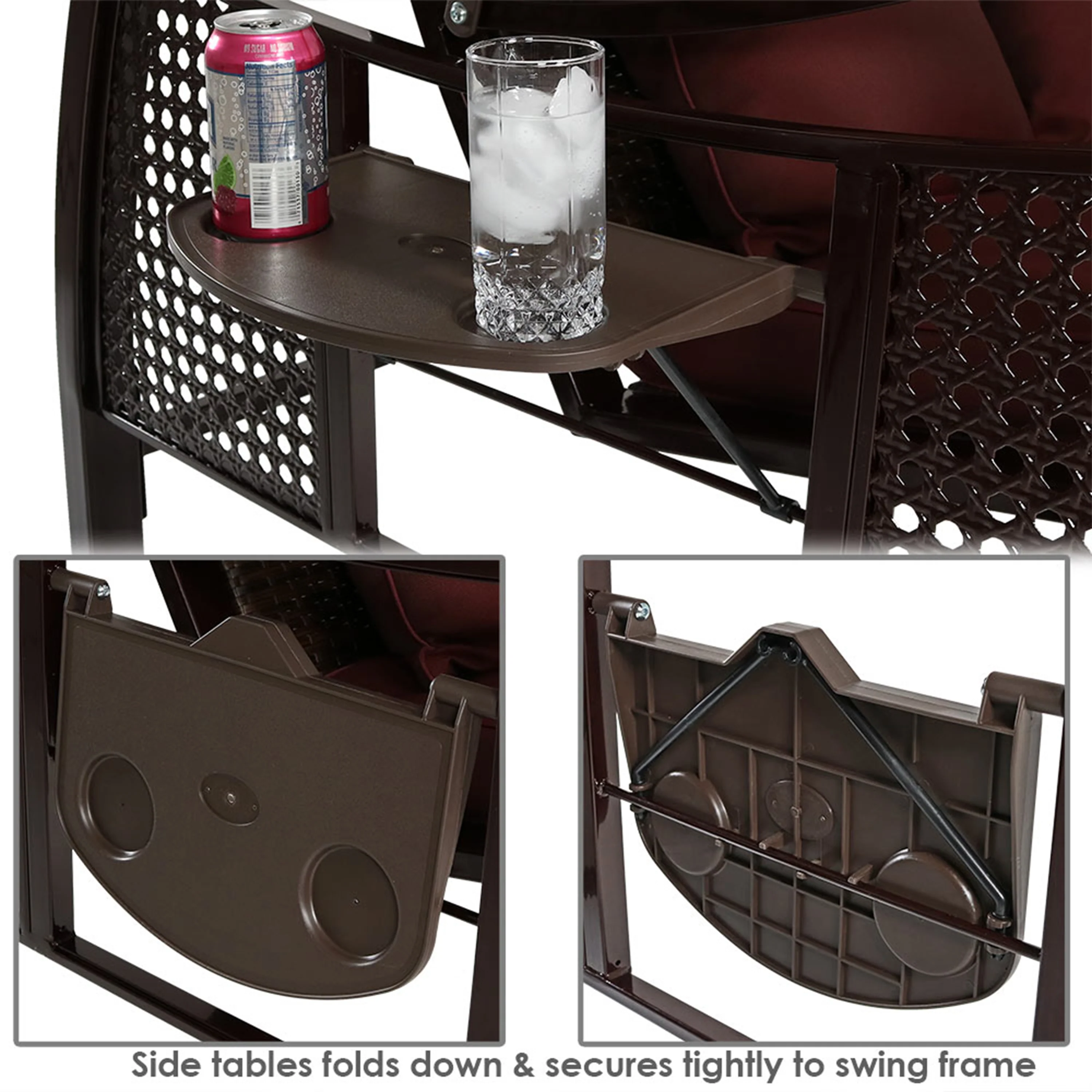 Balançoire de jardin Sunnydaze Deluxe 3 personnes avec auvent et tables d'appoint (modèle 2025)