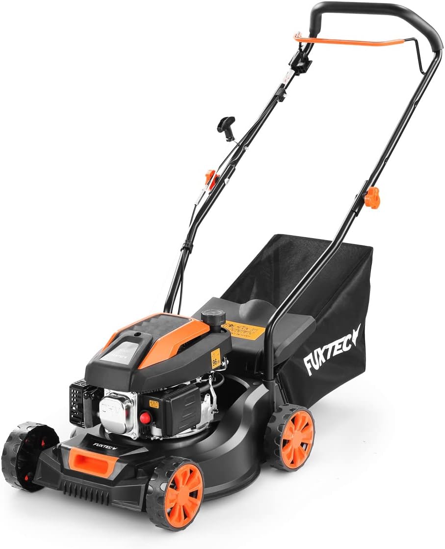 Tondeuse à gazon à essence FUXTEC FX-RM4646ECO, largeur de coupe de 46 cm, puissant moteur à essence de 146 cm³, nettoyage facile, 3 en 1, 2,6 kW, bac de ramassage mulching de 50 l.