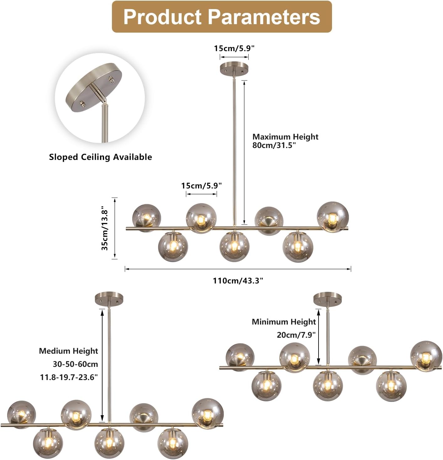 Moderne Esszimmerleuchte von KCO Lighting aus goldfarbenem Metall, Kücheninsel-Pendelleuchte aus weißem Glas, 7-flammig, E27, 80 cm höhenverstellbar