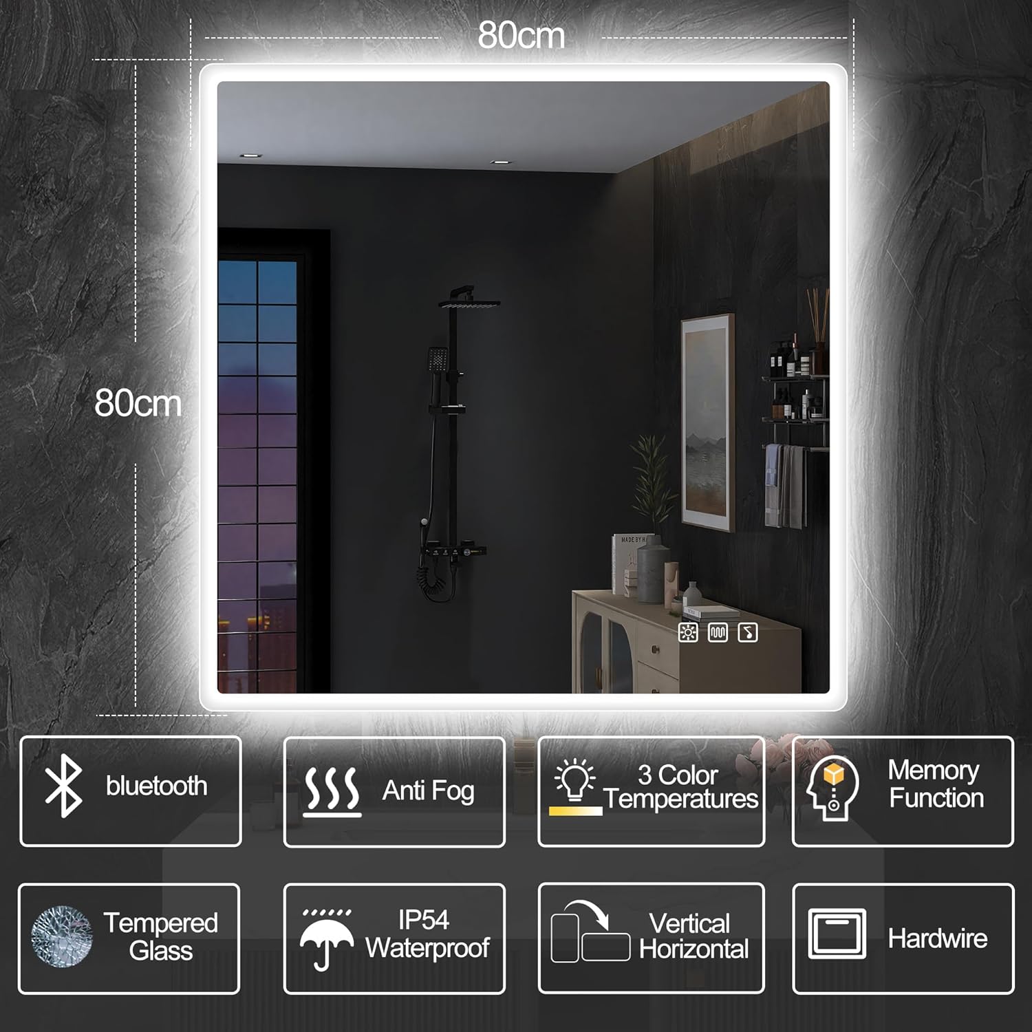 S'bagno badeværelsesspejl med lys 1200x700mm, IP44 - badeværelsesspejl med LED og Bluetooth, antidugfunktion / 3 lysfarver (3000K, 4000K, 6500K) / Dæmpbar / Memory, lodrette eller vandrette badeværelsesspejle med LED