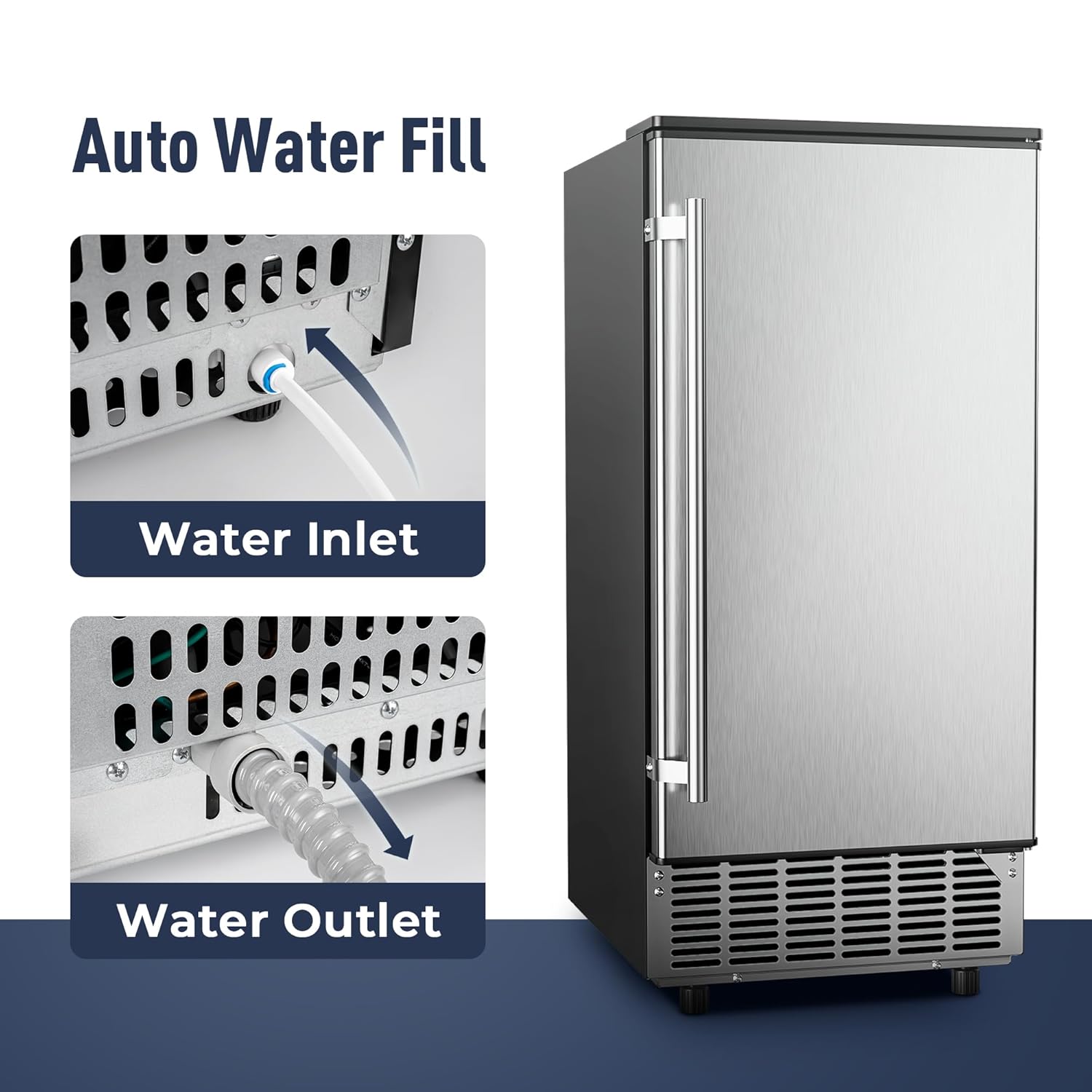 Machine à glaçons commerciale sous le comptoir, capacité de 80 lb/jour avec stockage de 24 lb de glace, pompe de vidange intégrée, nettoyage automatique, réglage de la minuterie, écran LCD intelligent, idéale pour un usage domestique et commercial