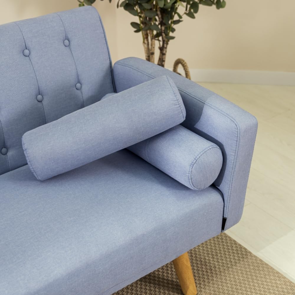 Nalui – 3-Sitzer-Schlafsofa, gepolstert, 203 x 82 x 78 cm, One Dots, mit 2 Kissen und Klick-Klack-Öffnungsmechanismus mit mehreren Liegepositionen. Chaiselongue-Schlafsofa mit Holzbeinen, umwandelbar in ein Doppelbett | Beige