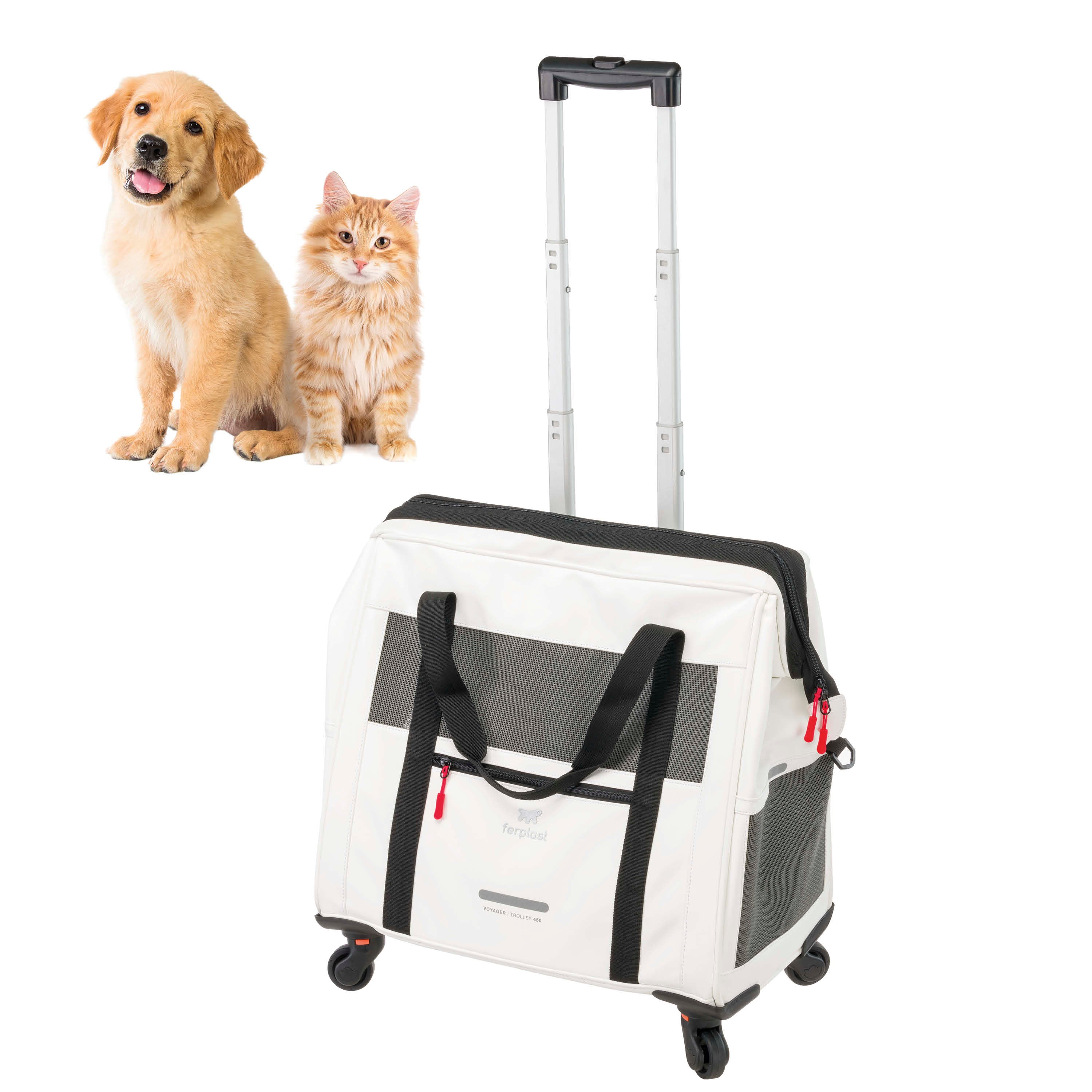 2025 Voyager Trolley von Ferplast – Stilvoller und leichter Trolley aus Kunstleder für Katzen und kleine Hunde bis 15 kg. Mit Rädern, Netzfenstern und Sicherheitsgurt – ideal für komfortables Reisen.