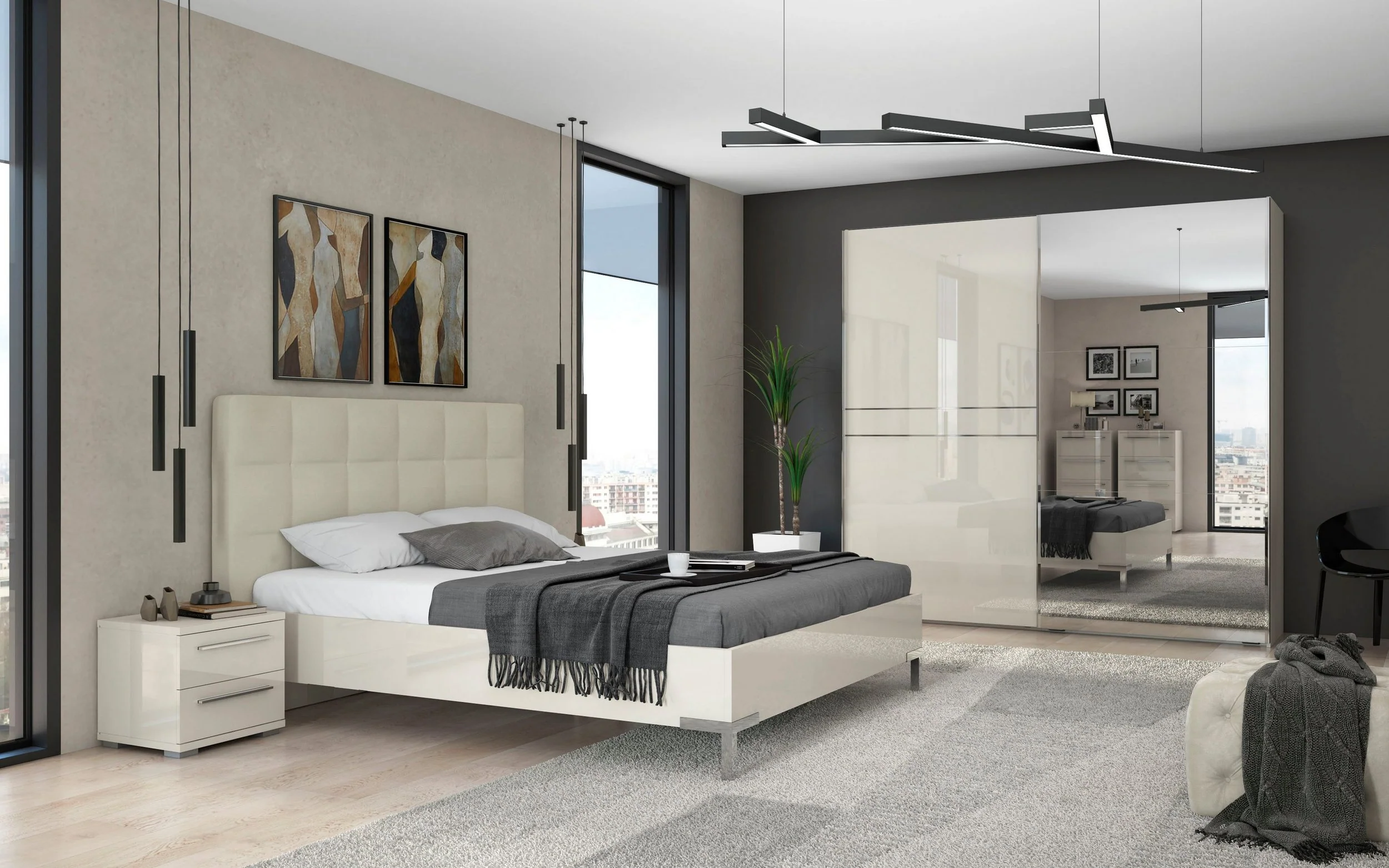 Hochglanzbeiger Klaviernachttisch mit 2 Schubladen, 45 cm breit