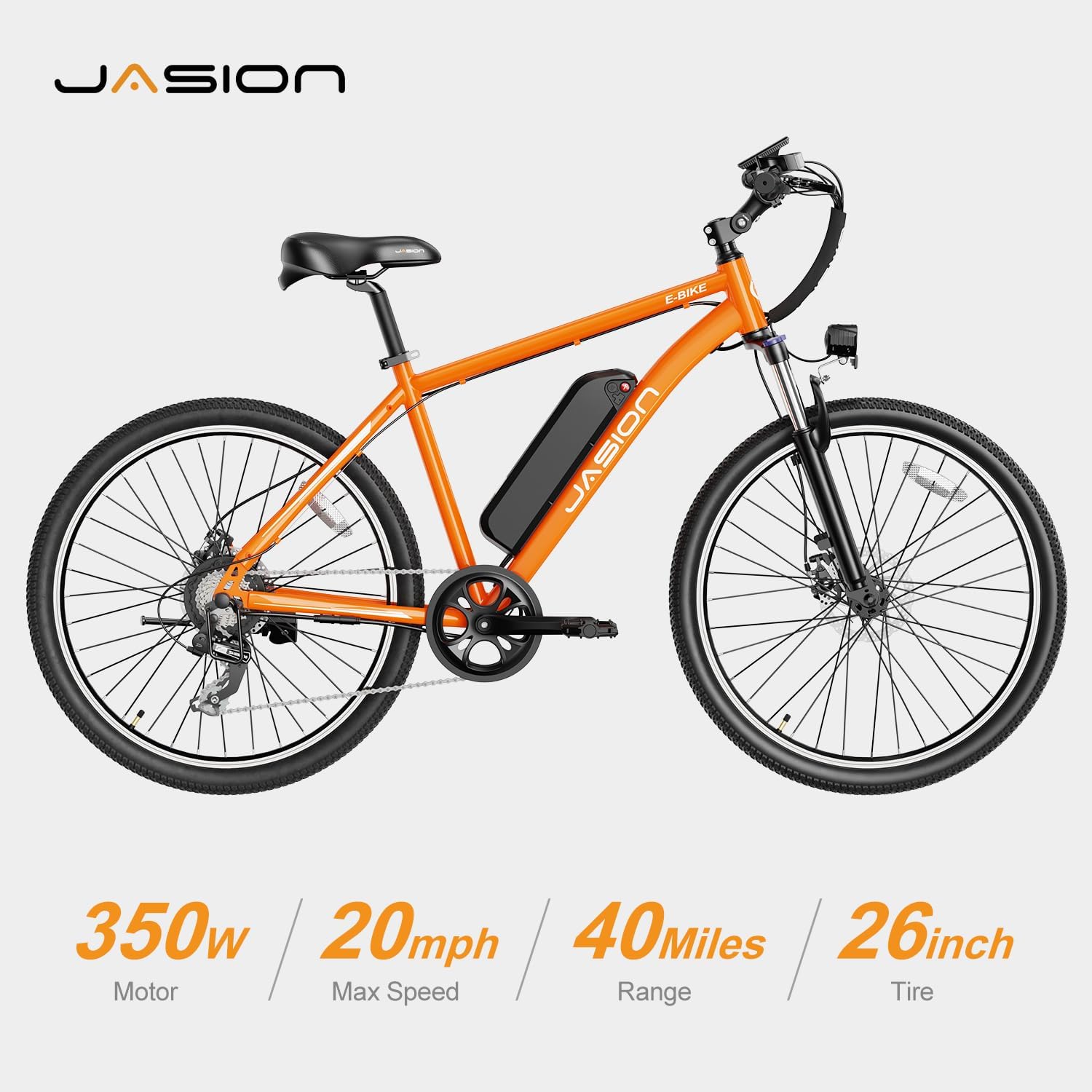 Vélo électrique Jasion EB5 pour adultes avec batterie amovible de 360 ​​Wh, 64 km, 32 km/h, VTT électrique de ville avec moteur de 350 W, 7 vitesses, pneus de 26 pouces et suspension avant.
