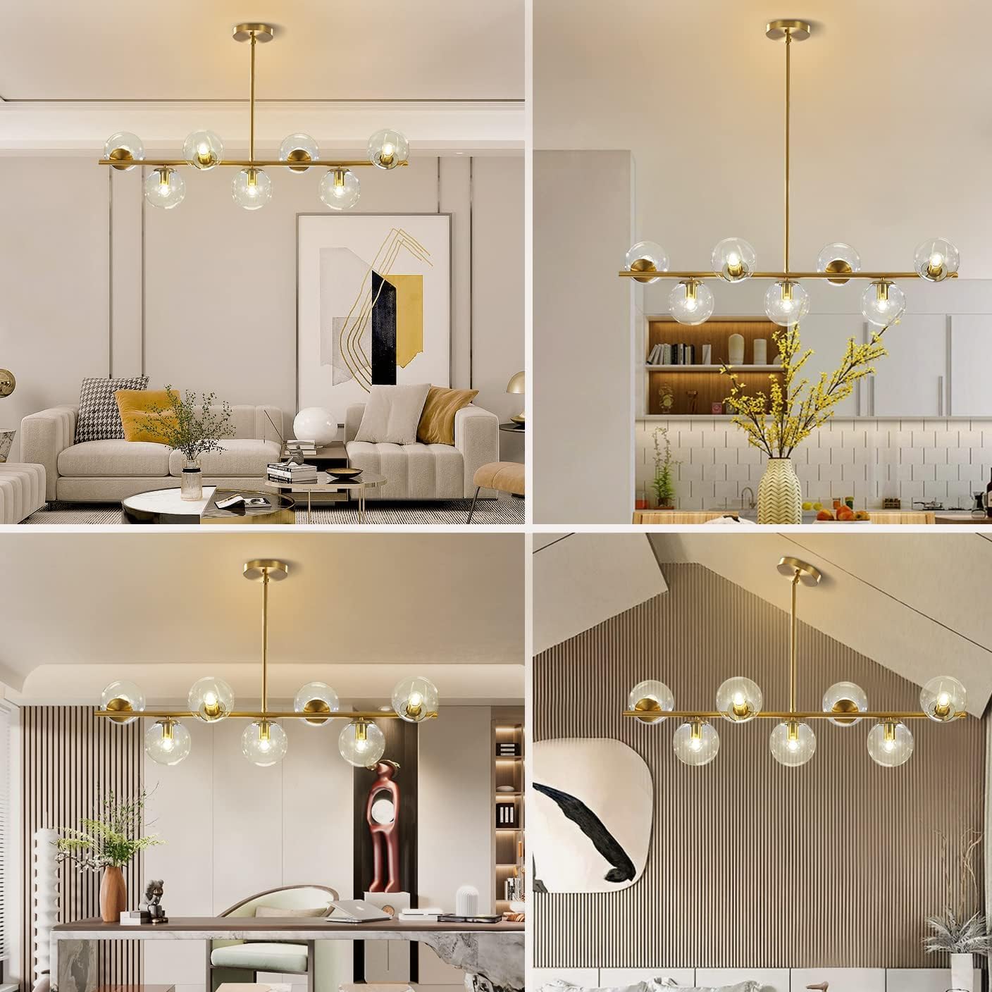 Moderne Esszimmerleuchte von KCO Lighting aus goldfarbenem Metall, Kücheninsel-Pendelleuchte aus weißem Glas, 7-flammig, E27, 80 cm höhenverstellbar