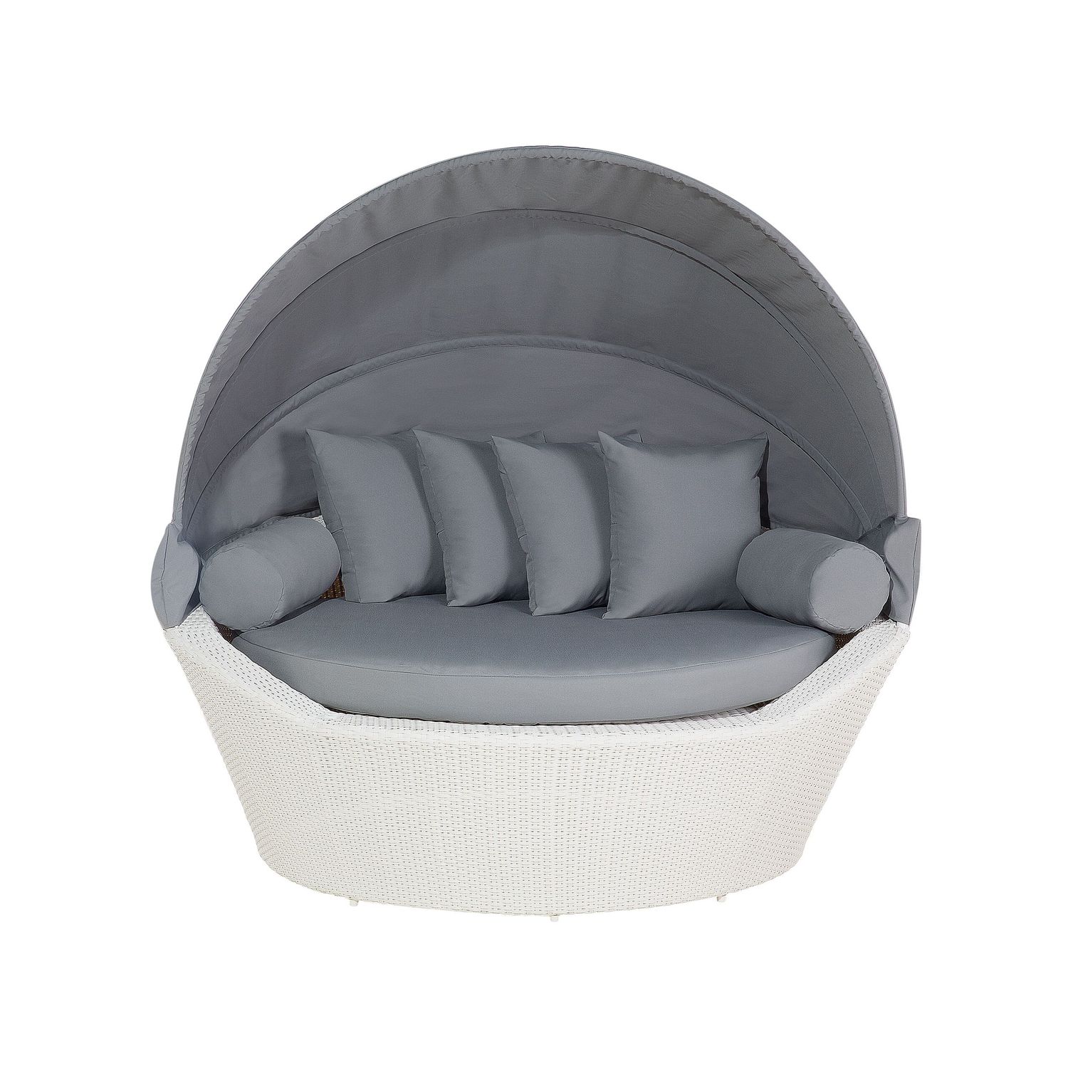 Lit de repos d'extérieur en polyrotin blanc avec coussins gris, table basse, bain de soleil et auvent robuste, Sylt - Blanc
