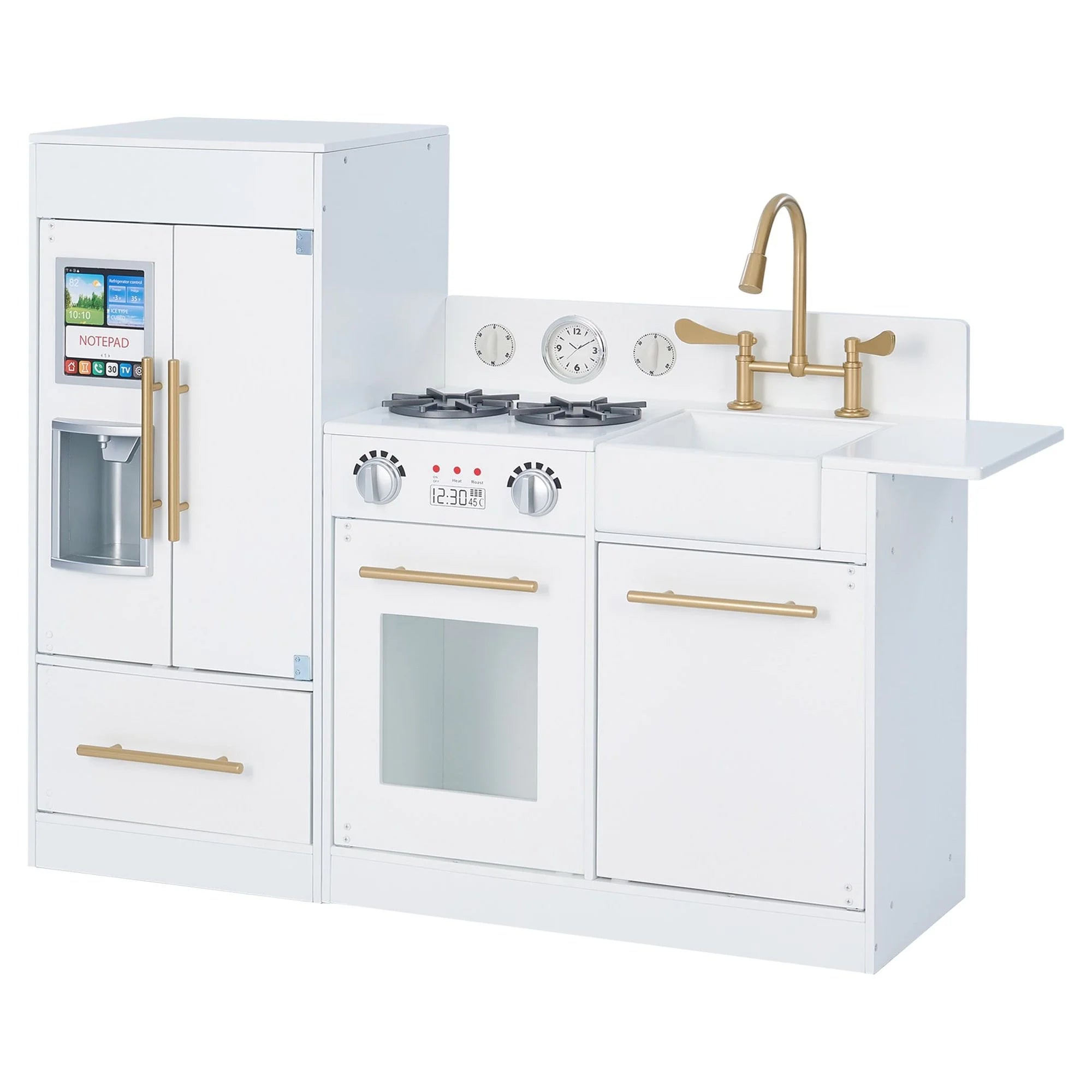 Cuisine moderne pour enfants Teamson Little Chef Charlotte 2025 avec réfrigérateur indépendant. Bloc de cuisson séparé et fonctionnalités interactives. Blanc/Or