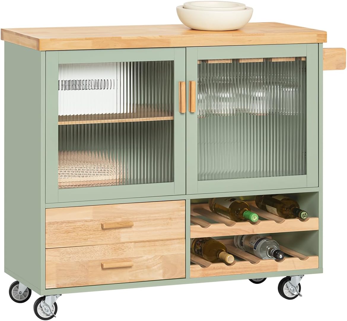 SoBuy FSB81-GR Küchenbuffet mit Mikrowellenfunktion für Esszimmer, Eingangsbereich und Wohnzimmer, mit 2 Türen, 2 Schubladen und 1 offenem Fach, Grün, 120 x 40 x 90 cm, EN