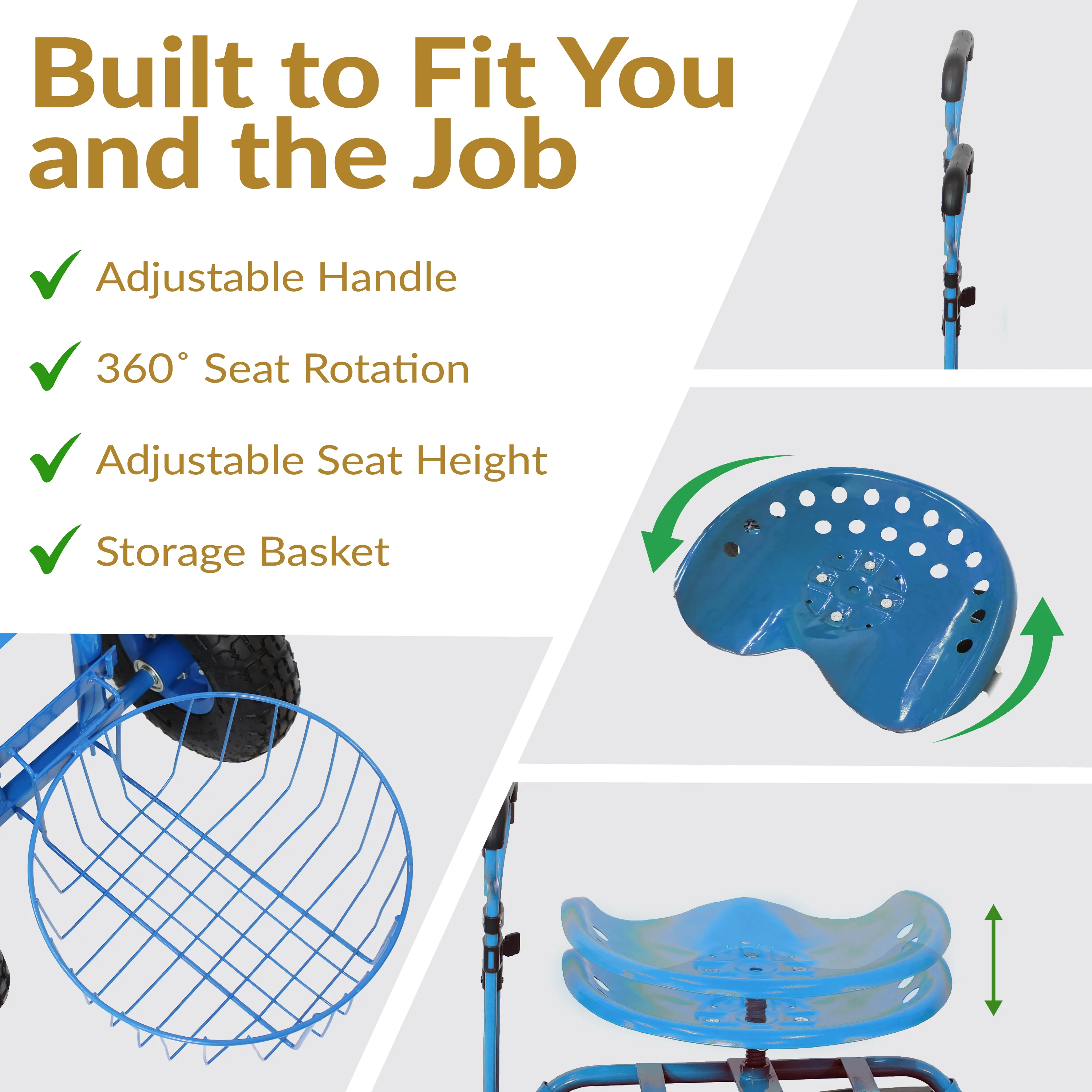 Chariot de jardin roulant Sunnydaze 2025 avec siège pivotant, guidon et panier