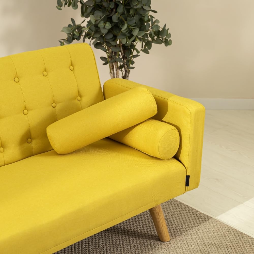 Nalui – 3-Sitzer-Schlafsofa, gepolstert, 203 x 82 x 78 cm, One Dots, mit 2 Kissen und Klick-Klack-Öffnungsmechanismus mit mehreren Liegepositionen. Chaiselongue-Schlafsofa mit Holzbeinen, umwandelbar in ein Doppelbett | Beige