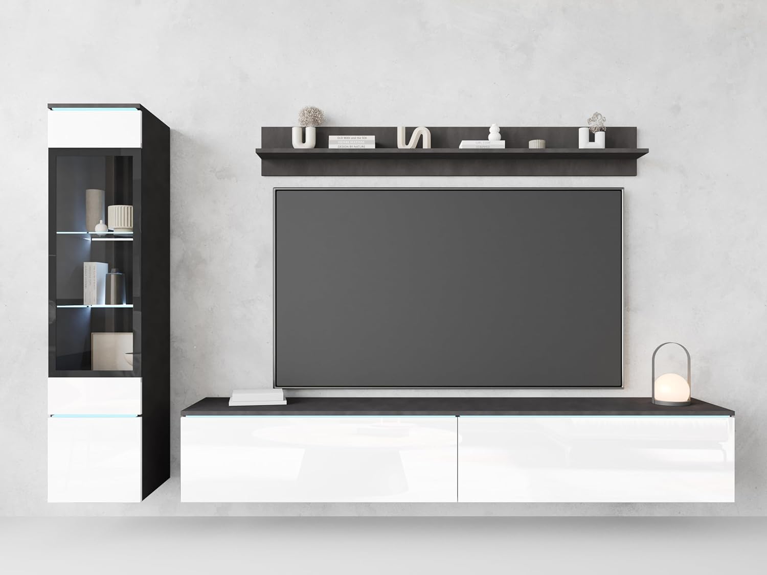 PIASKI Vera I Wohnzimmermöbel-Set, optionale LED-Beleuchtung, Wohnzimmermöbel-Set, verschiedene Farben (Beton/Glanzweiß, ohne LED-Beleuchtung)