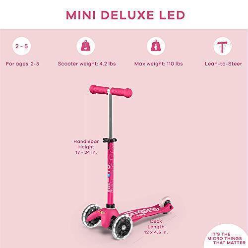 Micro Kickboard – Mini Deluxe LED – Schweizer Dreiradroller mit Neigungssystem für Jungen und Mädchen im Alter von 2-5 Jahren mit bewegungsaktivierten Leuchträdern (Pink)