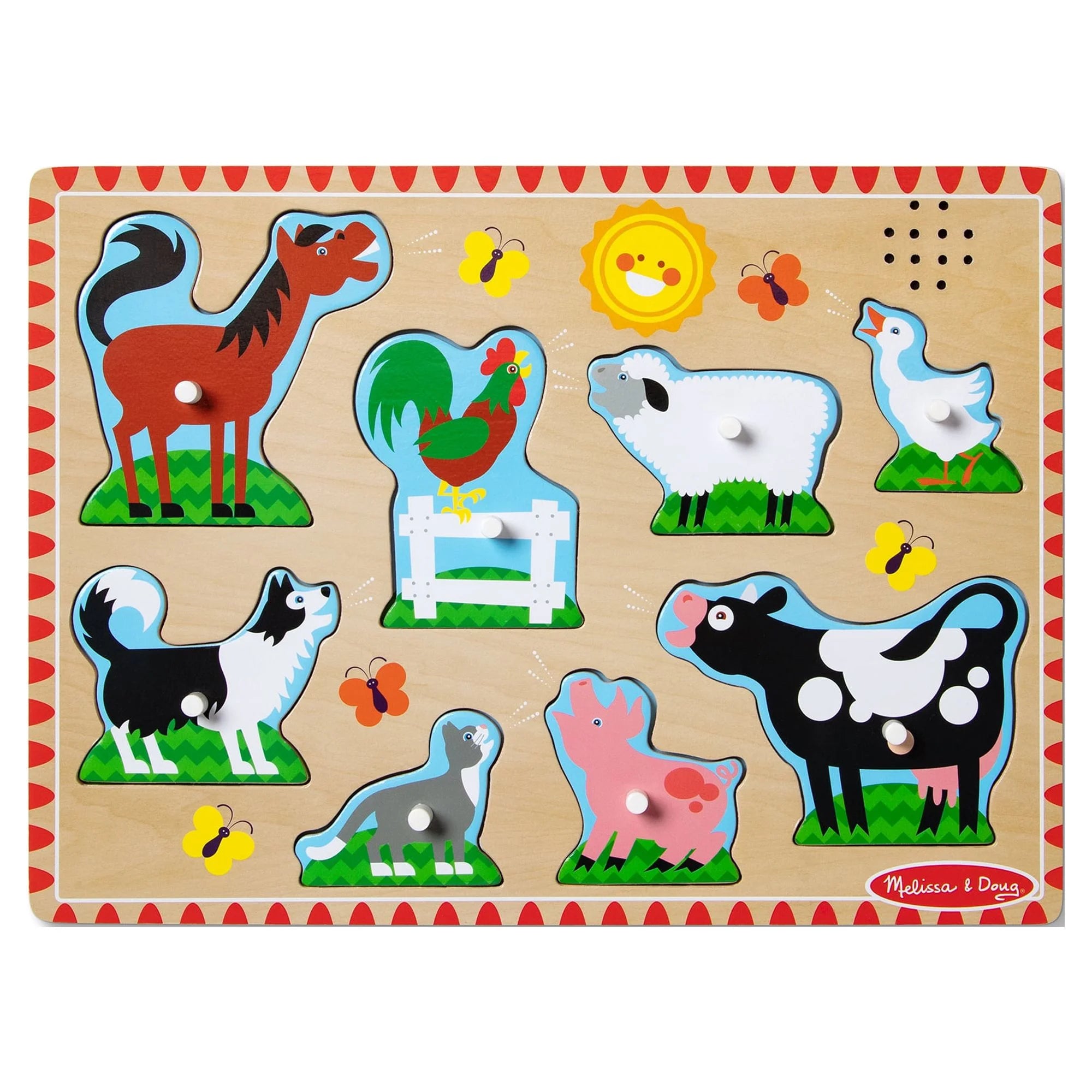 Melissa & Doug Bauernhof-Tiergeräuschpuzzle – Holzpuzzle mit Steckverbindungen und Soundeffekten (8 Teile)