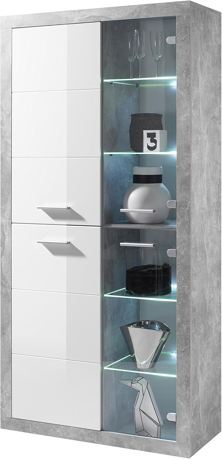STONE Große Vitrine mit Betonoptik und hochglänzendem Weiß, moderne Vitrine mit LED-Beleuchtung und viel Stauraum, 92 x 194 x 37 cm (B x H x T)