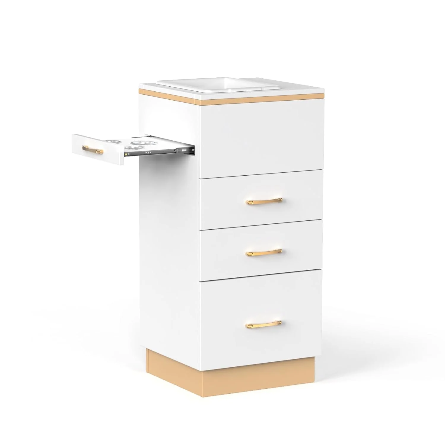 OmySalon Salon Opbevaringsstation – Frisørskab med 3 skuffer, opbevaringsrum og 3 hårtørrerholdere – Hvidguld