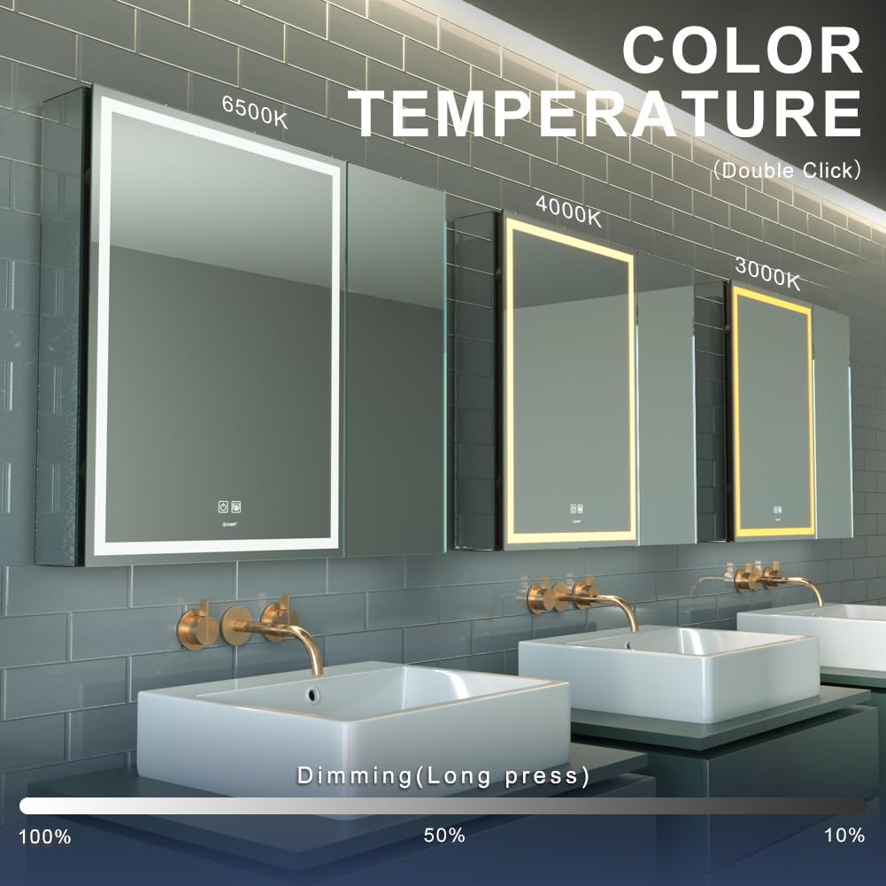 GANPE LED-belysning badeværelsesspejlskab med stik og USB, dugfrit aluminiumsskab og farvejustering, rustfri og nem at installere (50 x 70 cm)