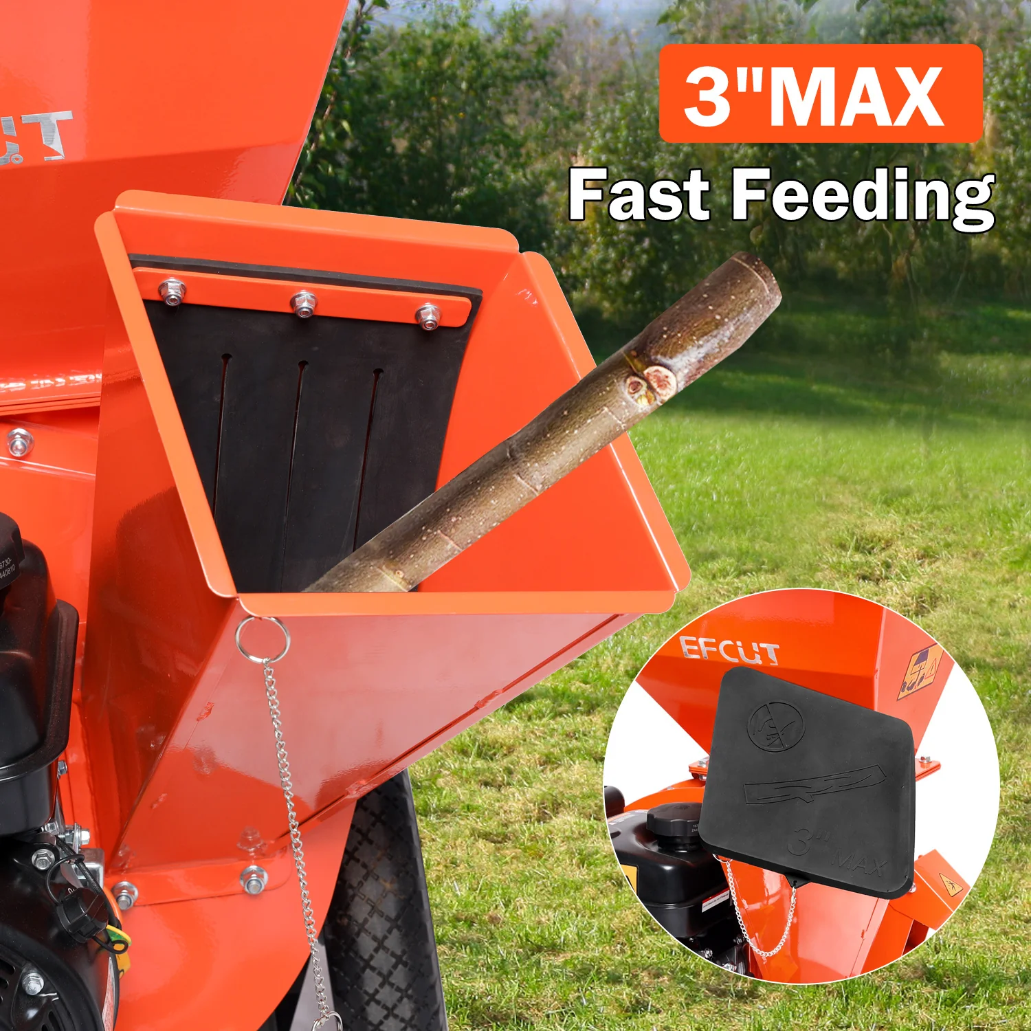 2025 EFCUT 3-i-1 flishugger og kompostkværn – 7 HK 212cc benzindrevet flishugger og kompostkværn. Dobbelt tragt. Maks. kapacitet 1,4 kg – Med opsamlingspose