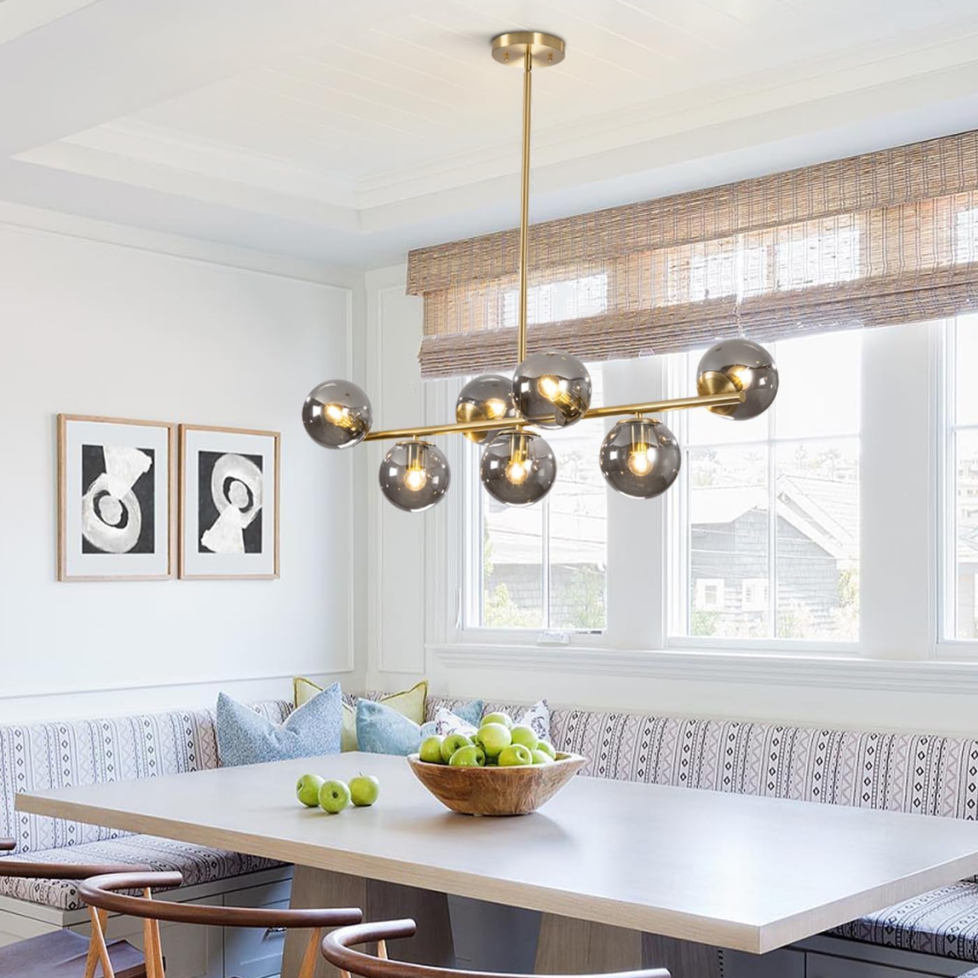 Moderne Esszimmerleuchte von KCO Lighting aus goldfarbenem Metall, Kücheninsel-Pendelleuchte aus weißem Glas, 7-flammig, E27, 80 cm höhenverstellbar