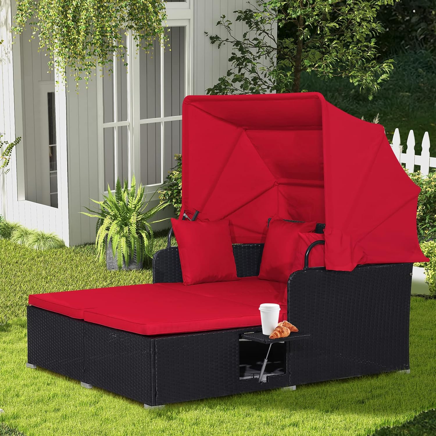 RELAX4LIFE udendørs haveseng med baldakin. Vævet harpiks liggestol med hynder. 4 puder og 2 udtrækkelige sidebakker. Loungeseng til 2 personer til pool, veranda, have. Rattan udendørs seng (turkis)