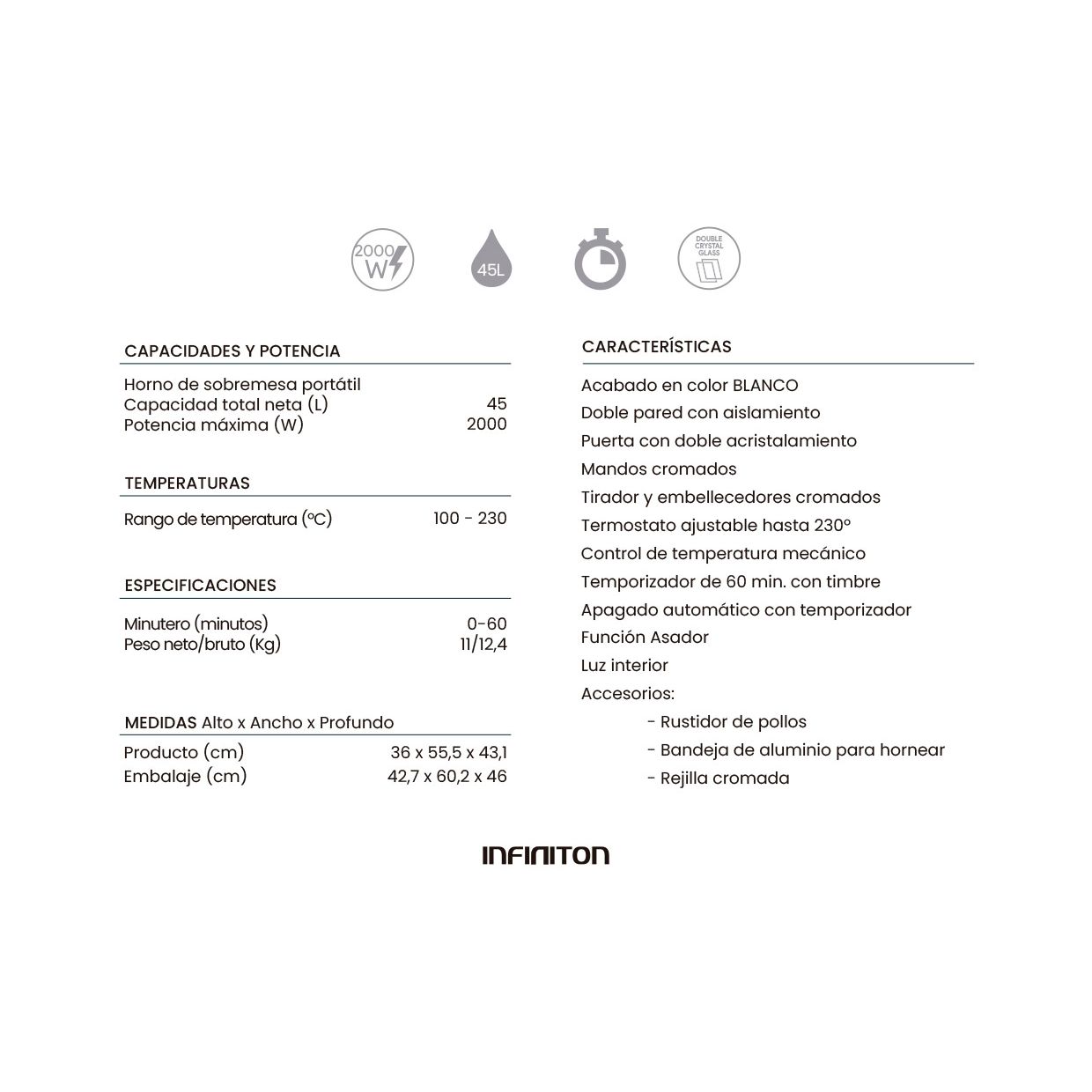 Infiniton HSM-A45B – Tischbackofen, Weiß, 45 l, 2000 W, Konvektion, Bratfunktion, Drehspieß, Doppelverglasung, Innenbeleuchtung, 60-Minuten-Timer.