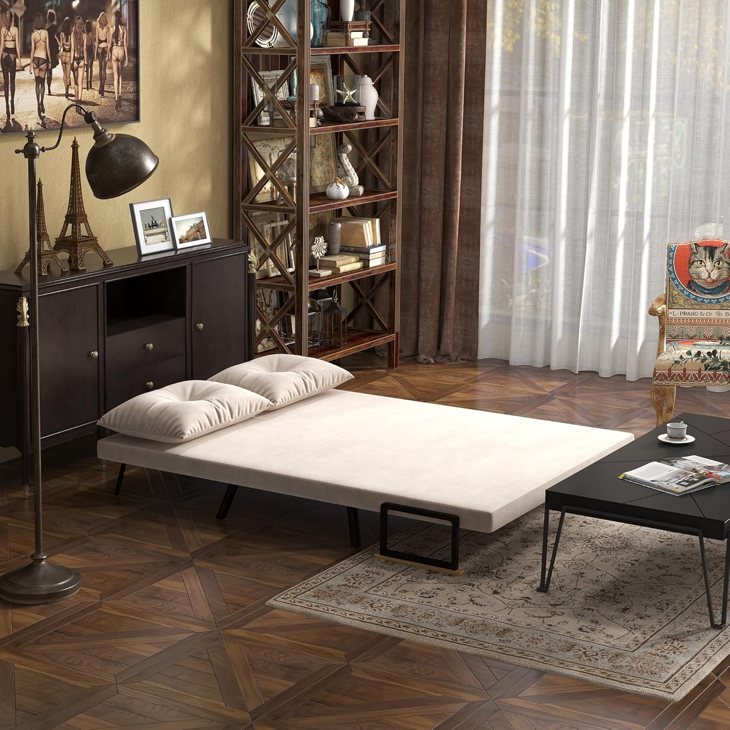 HOMCOM Schlafsofa, 2-Sitzer, Klappsofa, Samtbezug, 5-fach verstellbare Rückenlehne und gepolsterte Kissen, für Büro, Schlafzimmer, Wohnzimmer, 102 x 73 x 81 cm, Beige