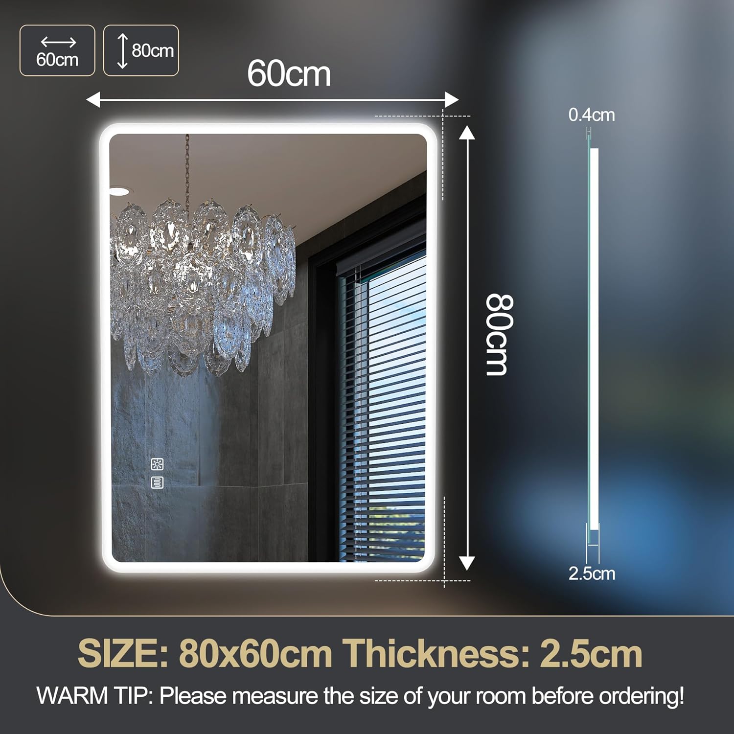 S'bagno badeværelsesspejl med lys 1200x700mm, IP44 - badeværelsesspejl med LED og Bluetooth, antidugfunktion / 3 lysfarver (3000K, 4000K, 6500K) / Dæmpbar / Memory, lodrette eller vandrette badeværelsesspejle med LED