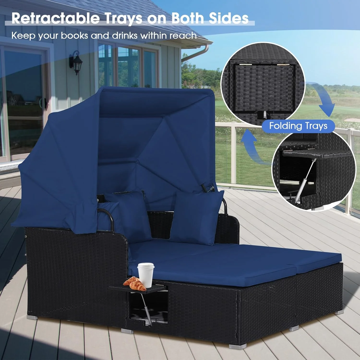 RELAX4LIFE udendørs haveseng med baldakin. Vævet harpiks liggestol med hynder. 4 puder og 2 udtrækkelige sidebakker. Loungeseng til 2 personer til pool, veranda, have. Rattan udendørs seng (turkis)