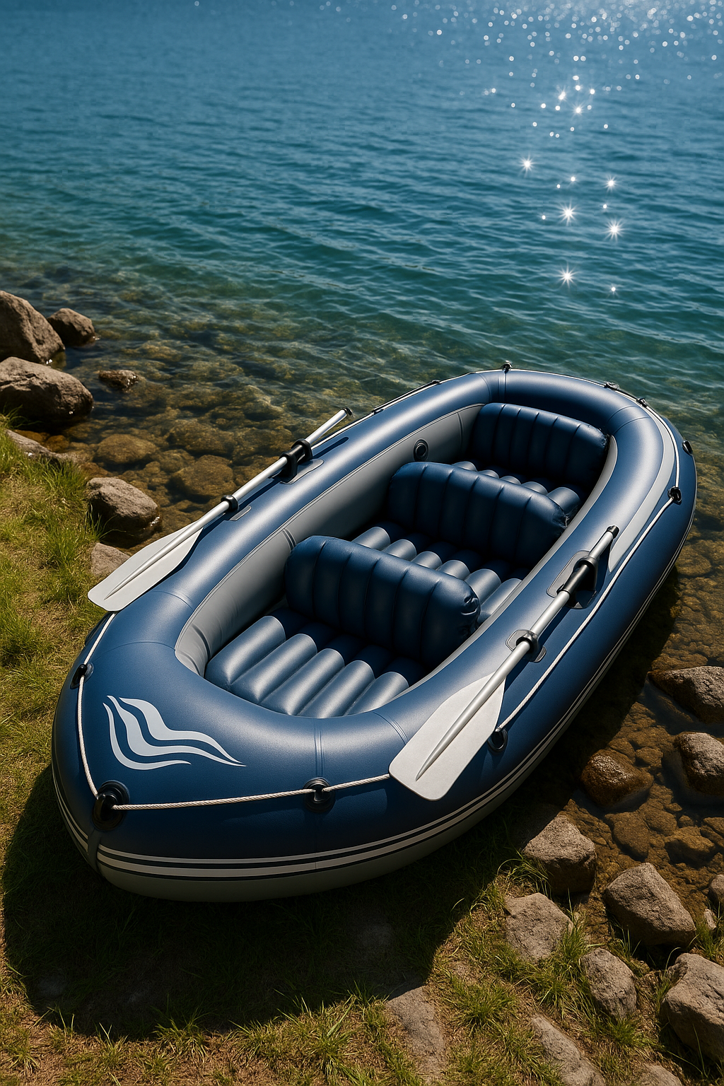 Bateau gonflable en PVC bleu-gris, idéal pour les lacs et les rivières, dimensions : 291 x 127 x 46 cm, référence : jHtRUAv524ep