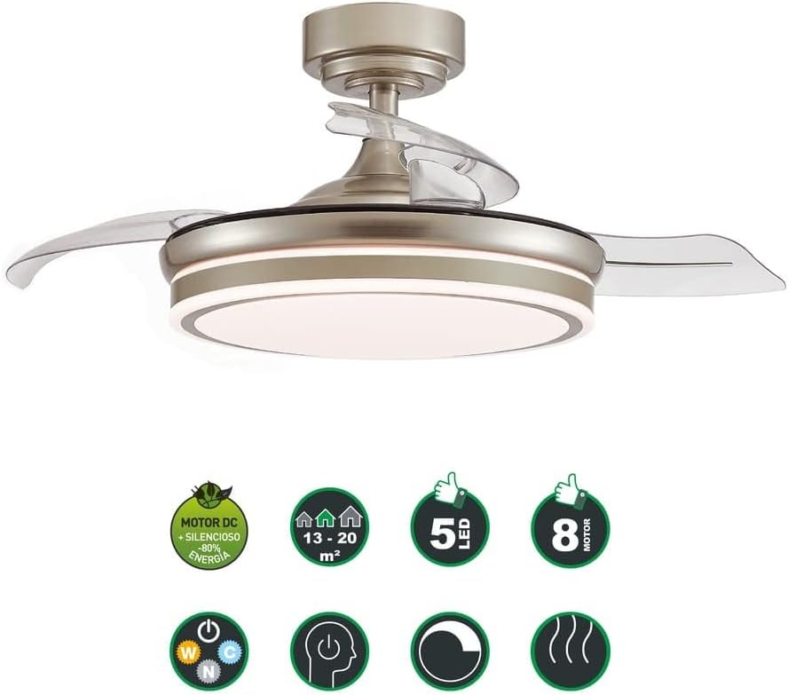 Wonderlamp – Mini ventilateur de plafond LED Pearl avec pales rétractables, moteur CC silencieux, 3 températures de couleur réglables, 46 W, blanc