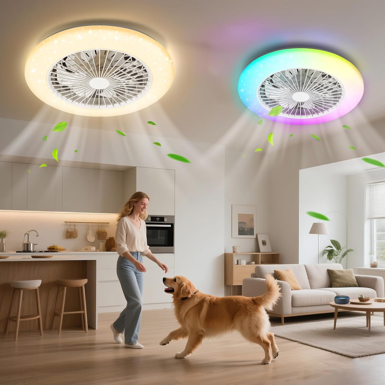 Aigostar - Ventilateur de plafond Alexa, lumière LED 40 W, 4 400 lm, 2 700 K-6 500 K et RGB à intensité variable, lampe de ventilateur de plafond intelligente avec télécommande et passerelle, silencieux, 6 vitesses, diamètre 50 cm, 2 unités