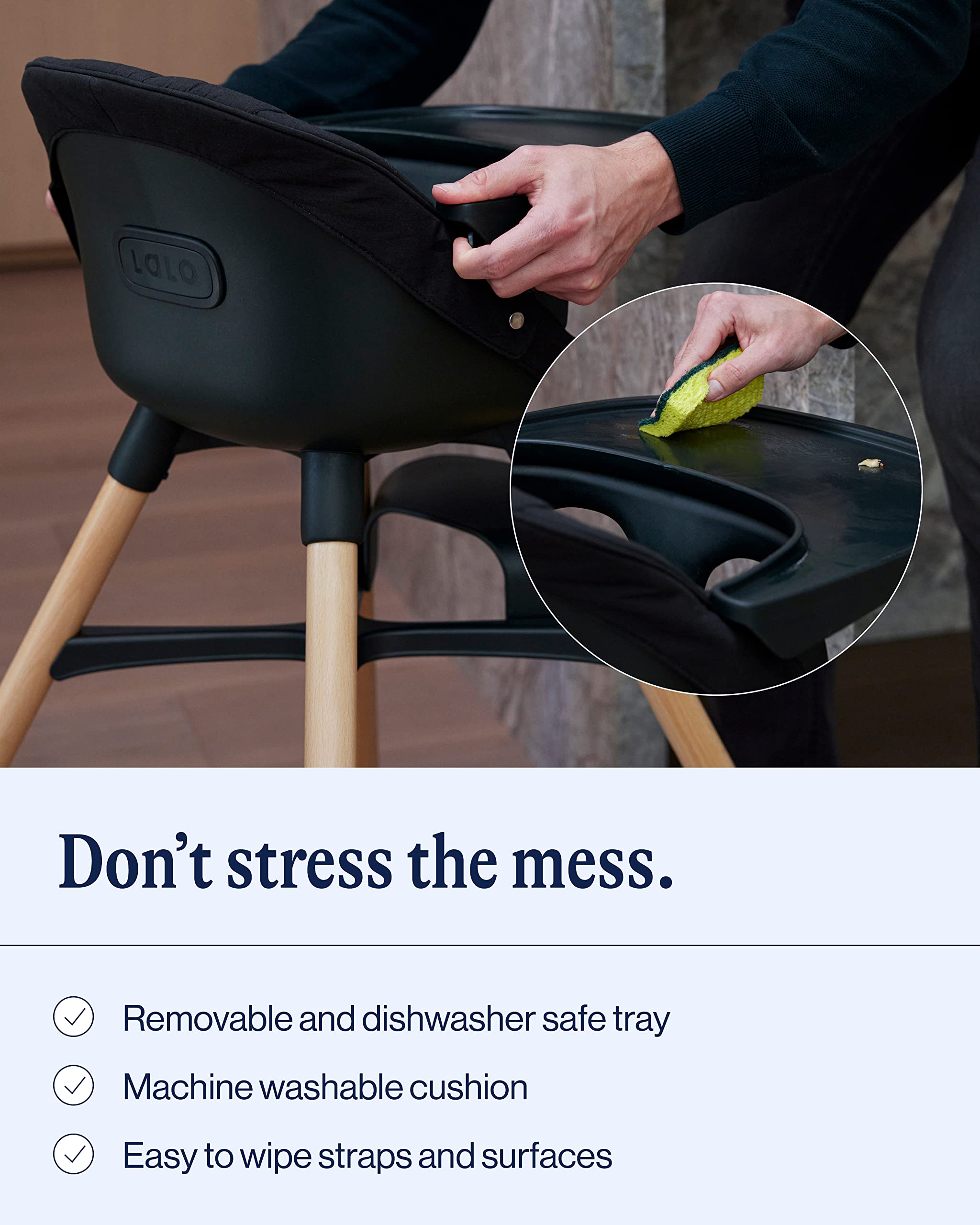 2025 Lalo The Chair Convertible 3-i-1 – Træhøjstol til babyer og børn med opvaskemaskinesikker bakke og justerbar fodstøtte – Lakridsfarvet