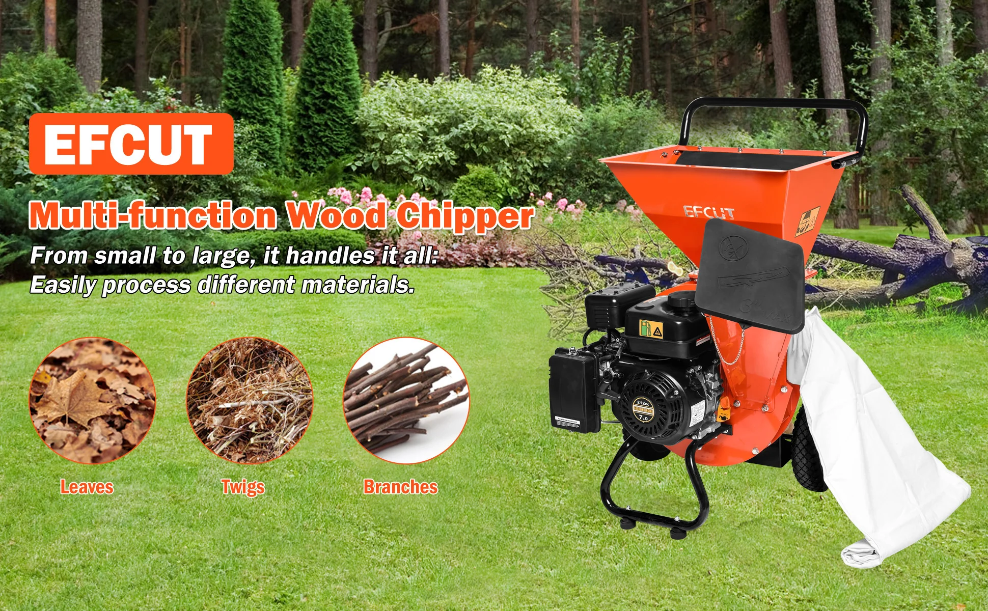 2025 EFCUT 3-i-1 flishugger og kompostkværn – 7 HK 212cc benzindrevet flishugger og kompostkværn. Dobbelt tragt. Maks. kapacitet 1,4 kg – Med opsamlingspose