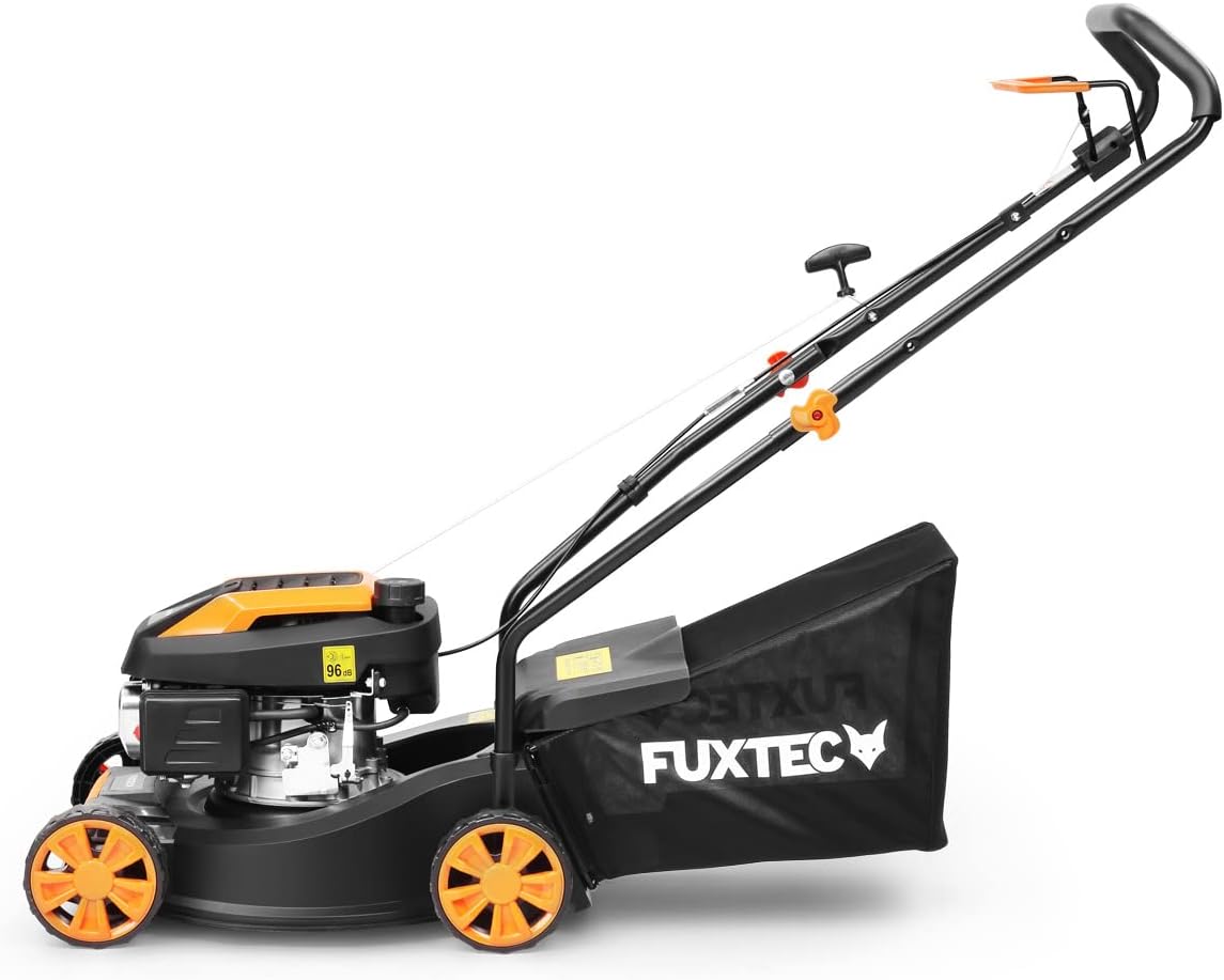 Tondeuse à gazon à essence FUXTEC FX-RM4646ECO, largeur de coupe de 46 cm, puissant moteur à essence de 146 cm³, nettoyage facile, 3 en 1, 2,6 kW, bac de ramassage mulching de 50 l.