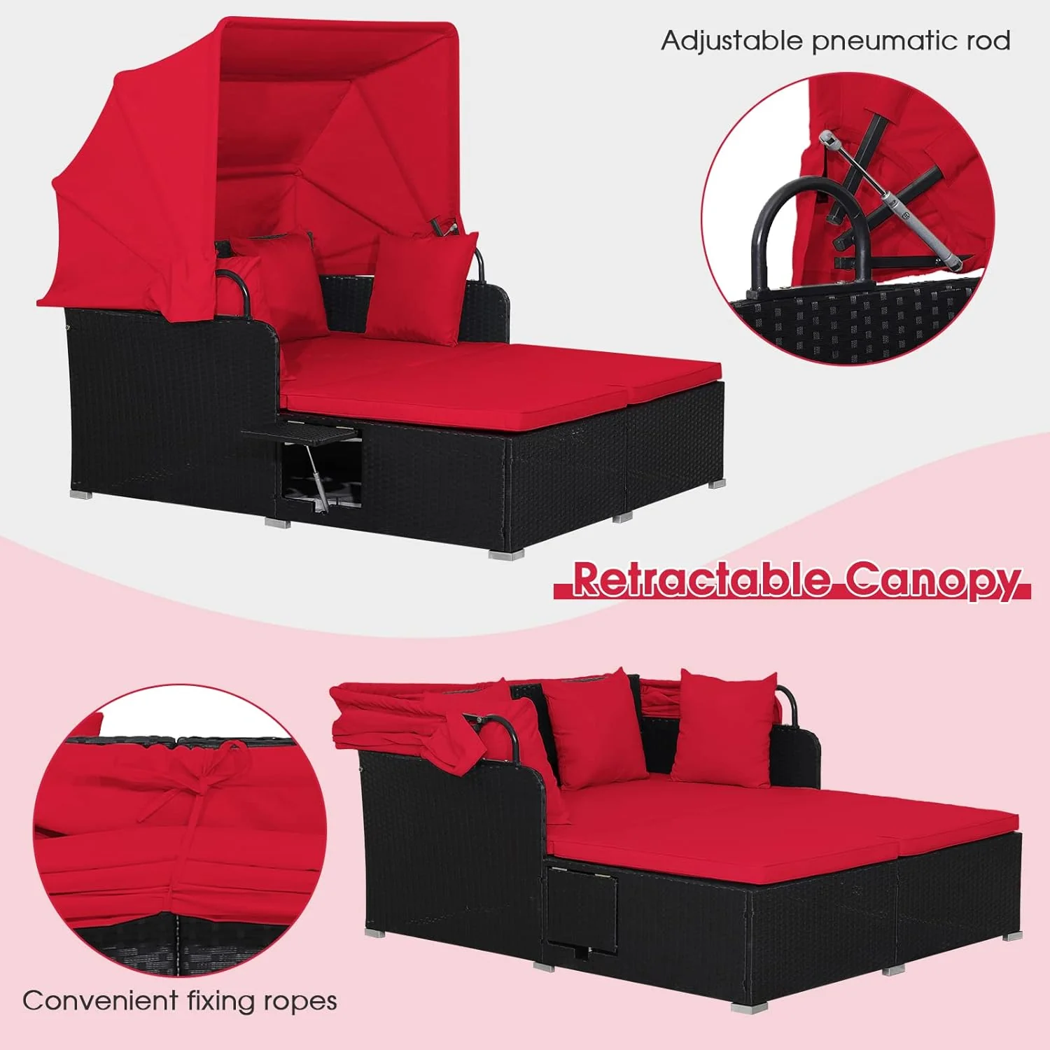 RELAX4LIFE udendørs haveseng med baldakin. Vævet harpiks liggestol med hynder. 4 puder og 2 udtrækkelige sidebakker. Loungeseng til 2 personer til pool, veranda, have. Rattan udendørs seng (turkis)