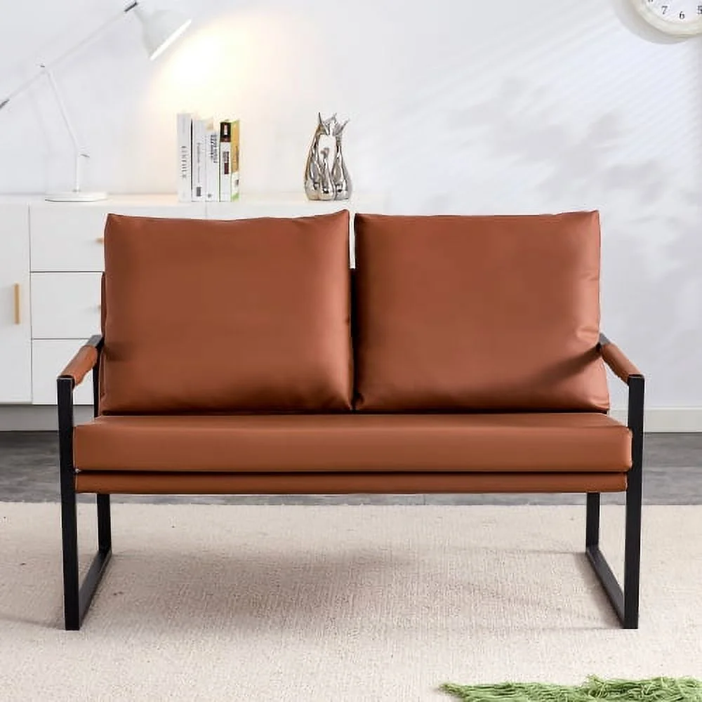 Modernes 2-Sitzer-Sofa mit 2 Kissen – PU-Leder, hochdichter Schaumstoff, schwarz lackiertes Metallgestell, braune Farbe