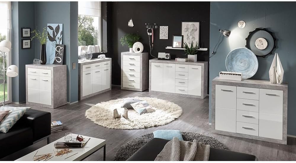 STONE Große Vitrine mit Betonoptik und hochglänzendem Weiß, moderne Vitrine mit LED-Beleuchtung und viel Stauraum, 92 x 194 x 37 cm (B x H x T)