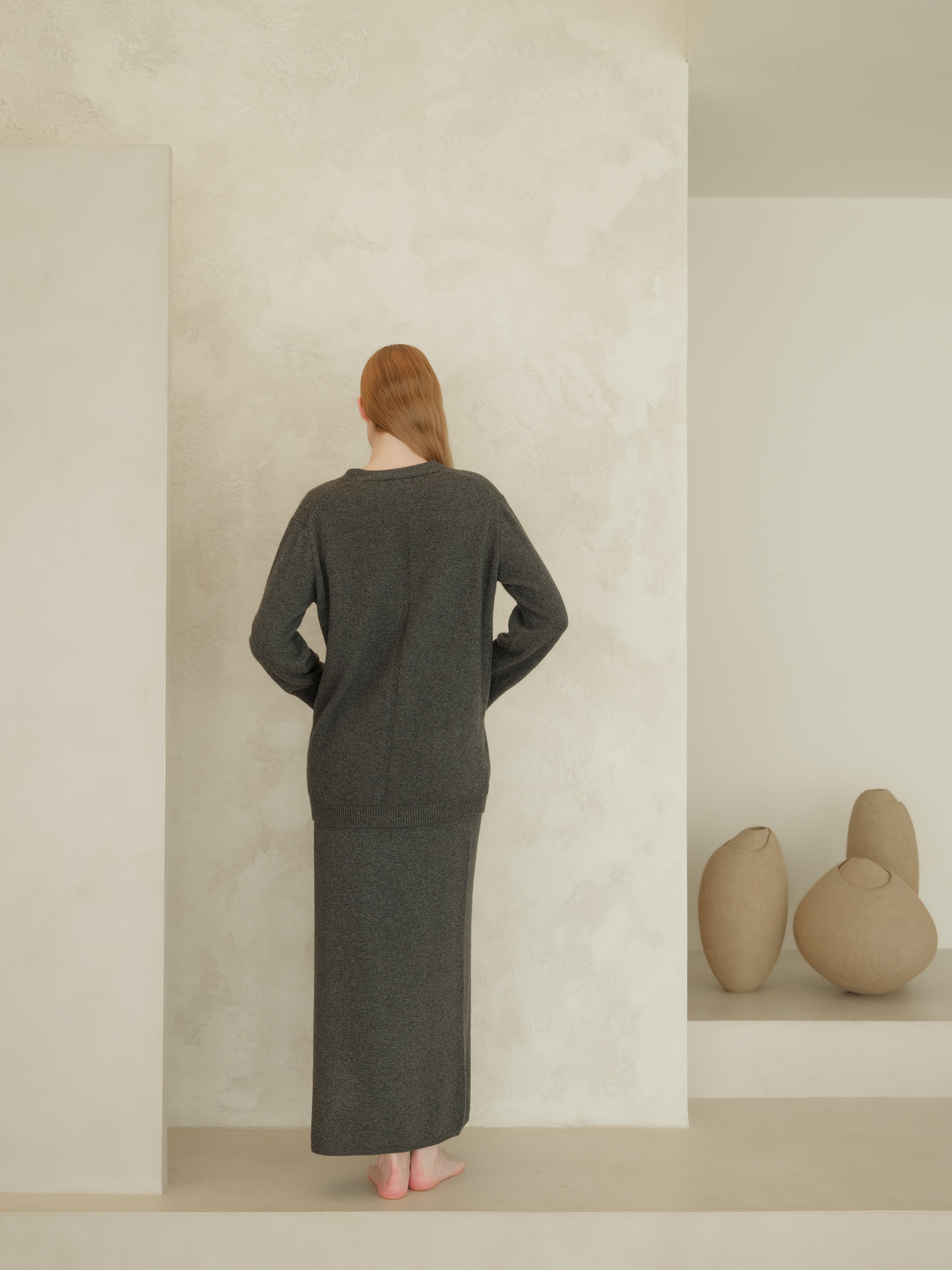 Cashmere Blend High-Waist Long Skirt With Side Slit (3D-Knit)