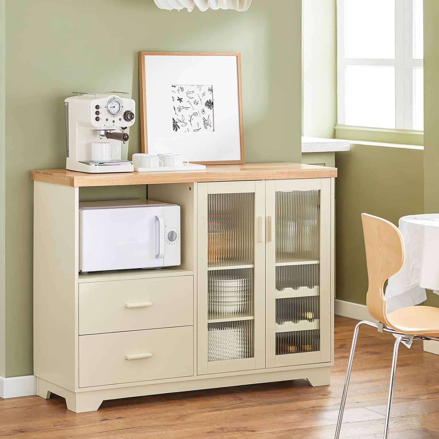 SoBuy FSB81-GR Küchenbuffet mit Mikrowellenfunktion für Esszimmer, Eingangsbereich und Wohnzimmer, mit 2 Türen, 2 Schubladen und 1 offenem Fach, Grün, 120 x 40 x 90 cm, EN