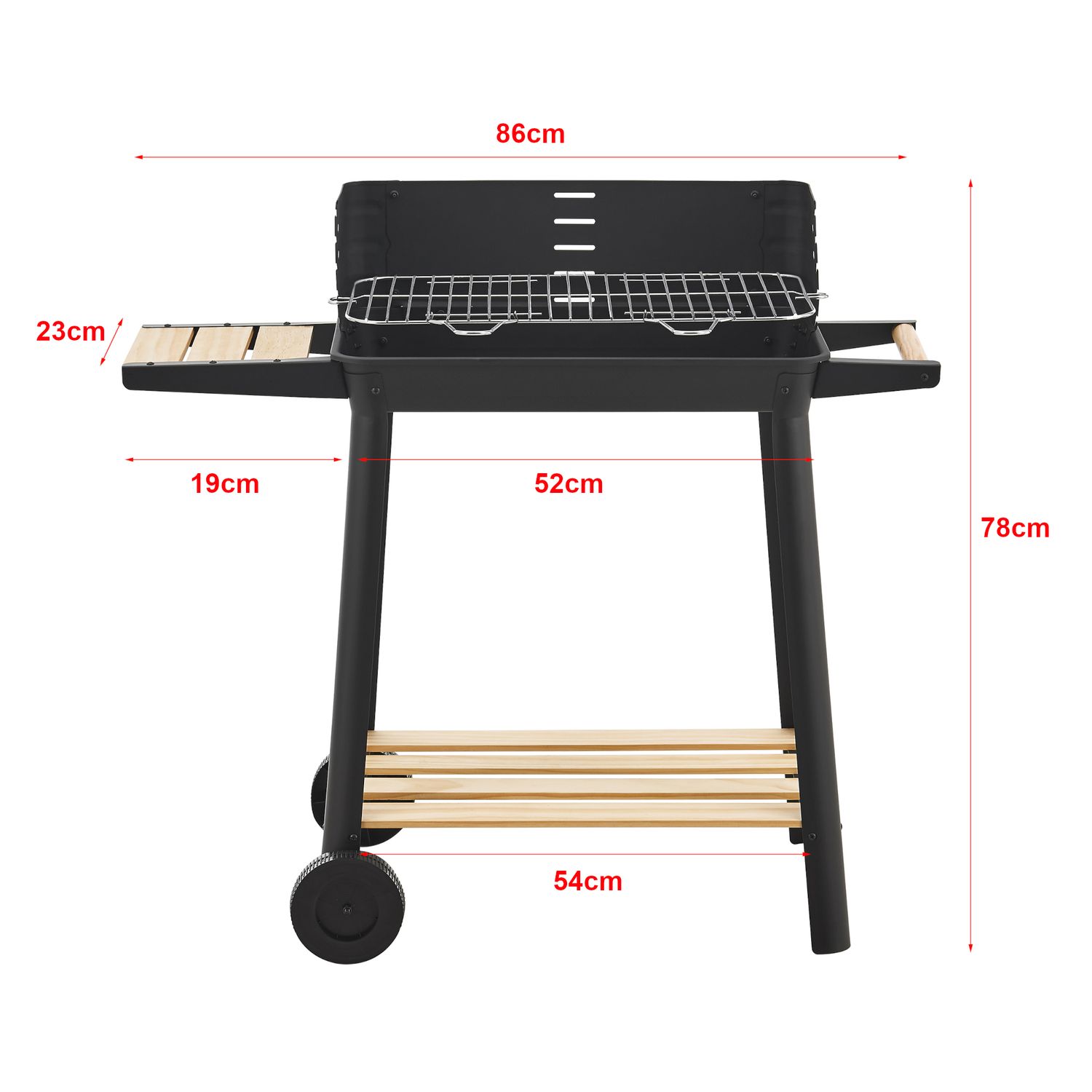 Ari Holzkohlegrill mit 2 Rädern 78x86x30cm - Schwarz/Holz [casa.pro]