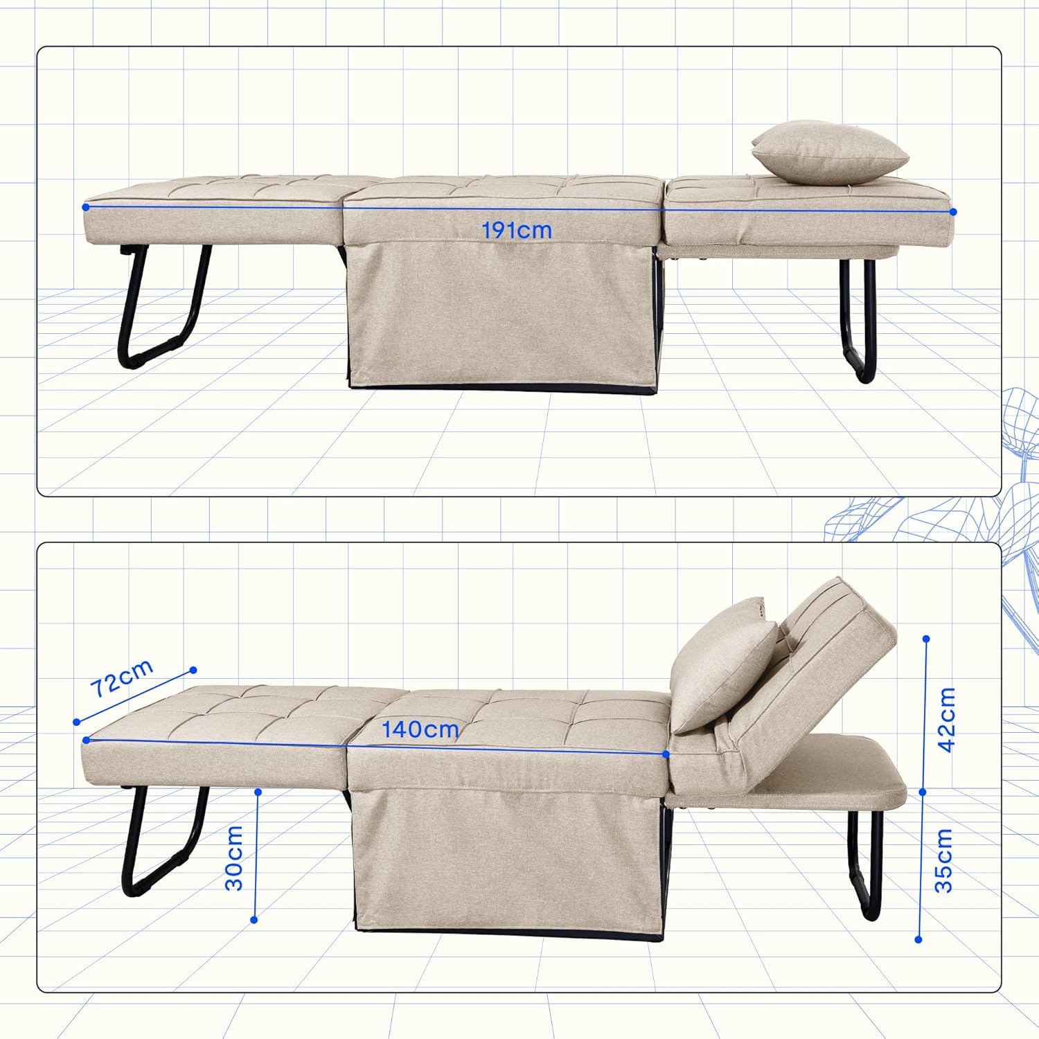 FLEXISPOT Schlafsofa, ausziehbarer Klappsessel mit Bettfunktion, Schlaffunktion, wandelbarer Schlafsessel, Belastbarkeit 300 kg, Grau