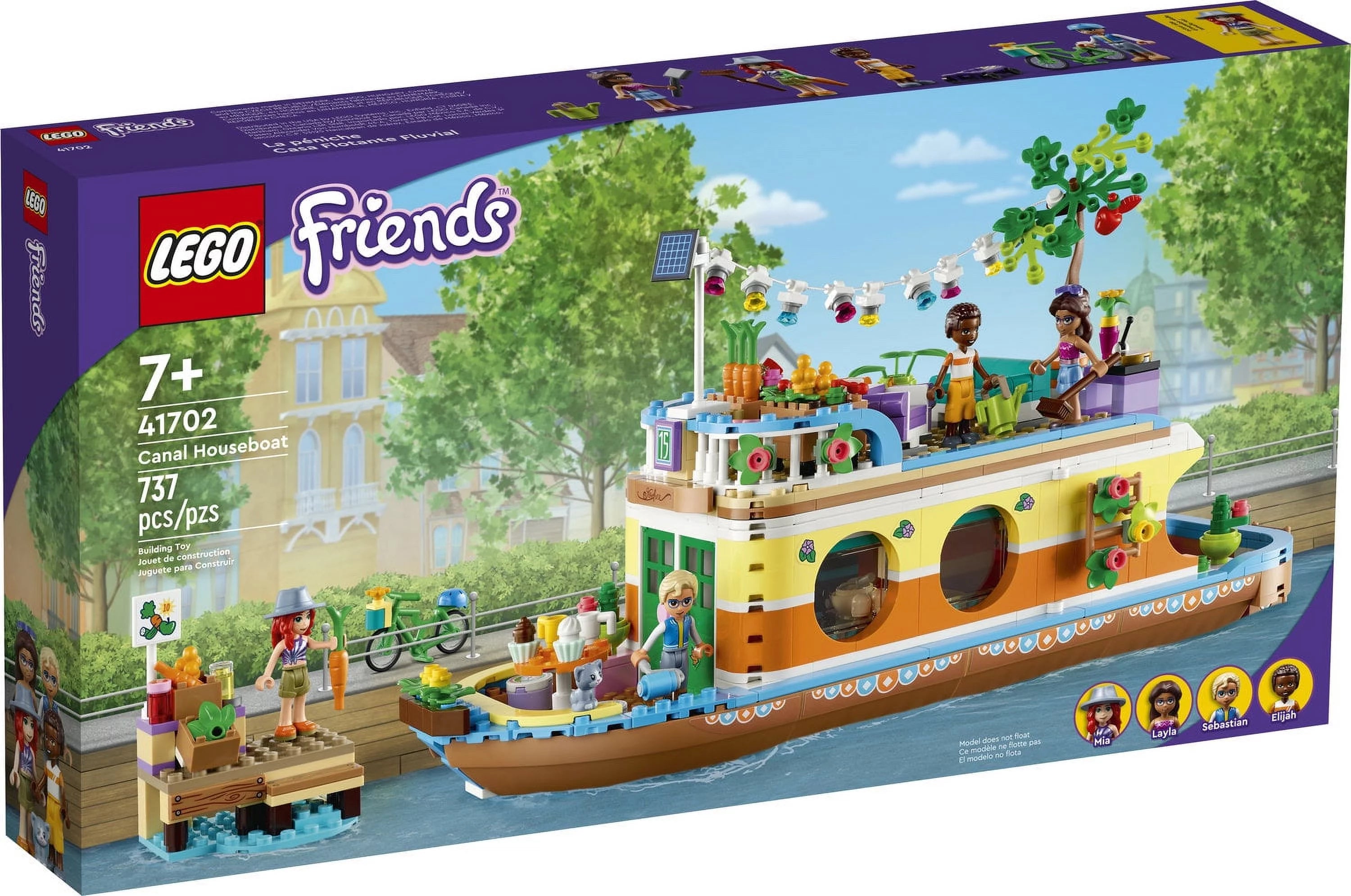LEGO Friends Husbåd på kanalen 41702 Byggesæt; Indeholder 4 minidukker, inklusive Mia, og 1 legetøjsdyr; Fødselsdagsgave til børn fra 7 år (737 dele)
