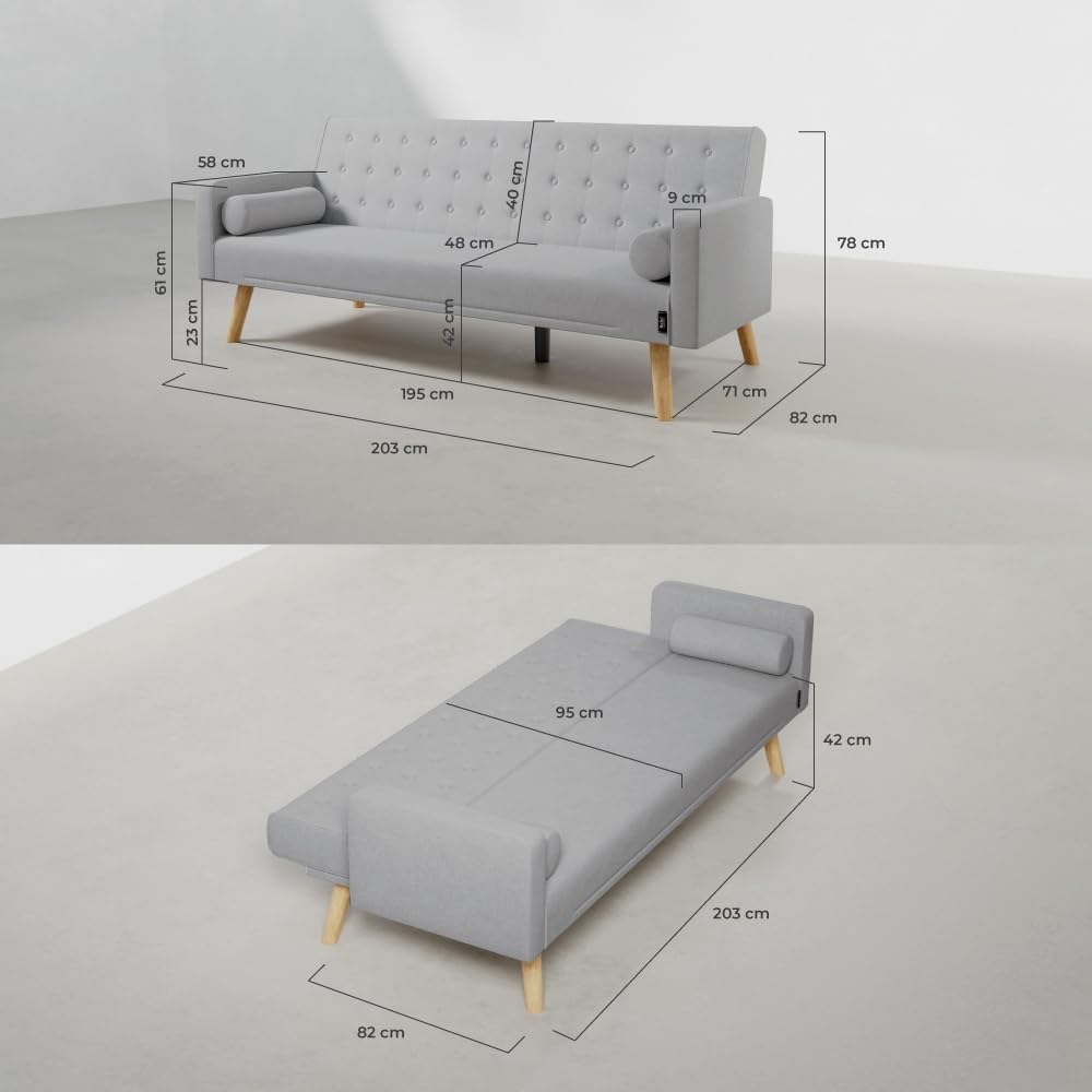 Nalui – 3-Sitzer-Schlafsofa, gepolstert, 203 x 82 x 78 cm, One Dots, mit 2 Kissen und Klick-Klack-Öffnungsmechanismus mit mehreren Liegepositionen. Chaiselongue-Schlafsofa mit Holzbeinen, umwandelbar in ein Doppelbett | Beige