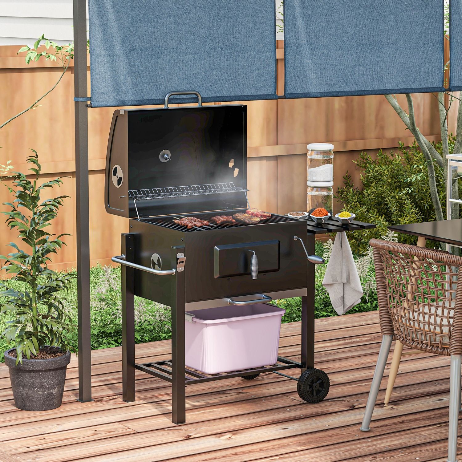 Outsunny Holzkohlegrill Edelstahl 113x65x108 cm Schwarz