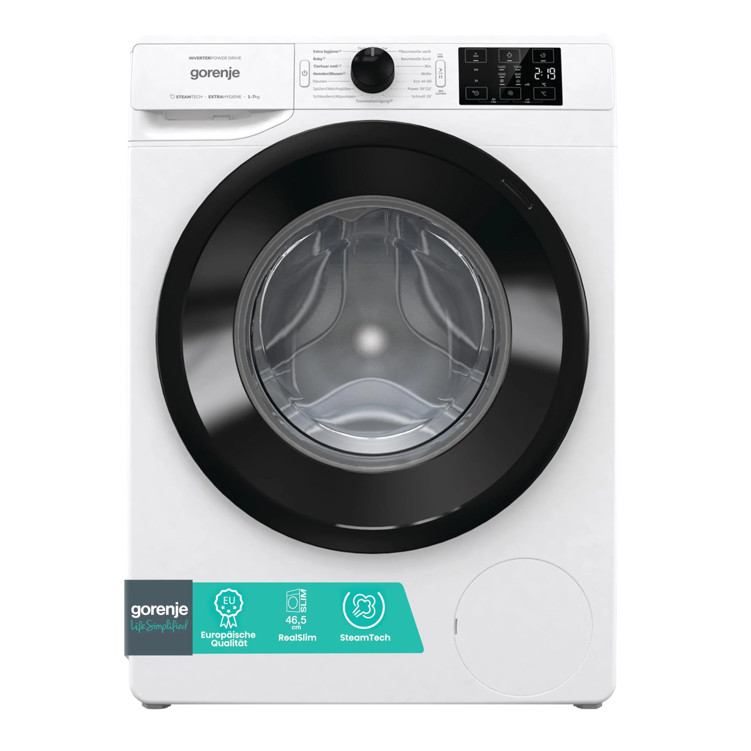 2025 Gorenje WAM 74 SAP. Vaskemaskine med dampfunktion. 7 kg. 1400 o/min. 16 programmer. AquaStop. PowerDrive invertermotor. Tromle i rustfrit stål. Børnesikkerhedslås. Energiklasse A. Hvid
