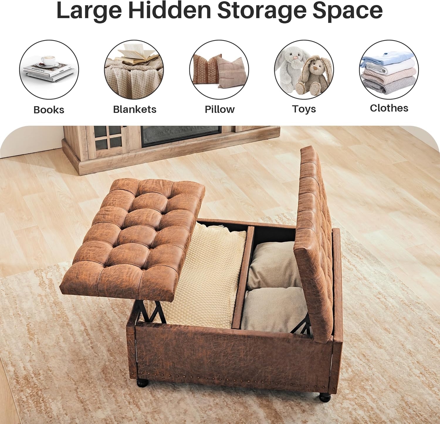 Pouf de rangement Redlife, table basse avec pouf de rangement, grand repose-pieds de salon de 90 cm, pouf rembourré avec rangement pour salon (marron)