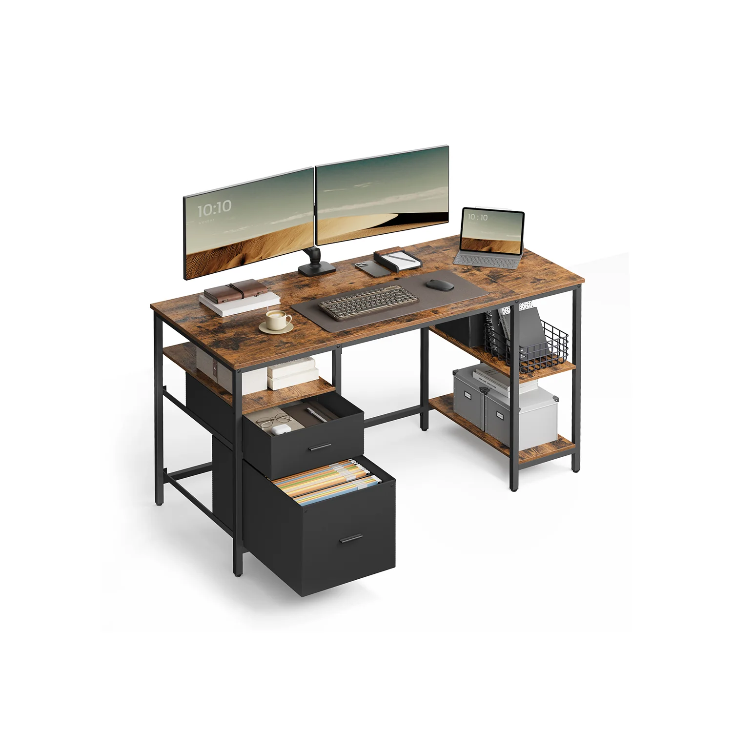 Skrivebord med 3 hylder og 2 skuffer