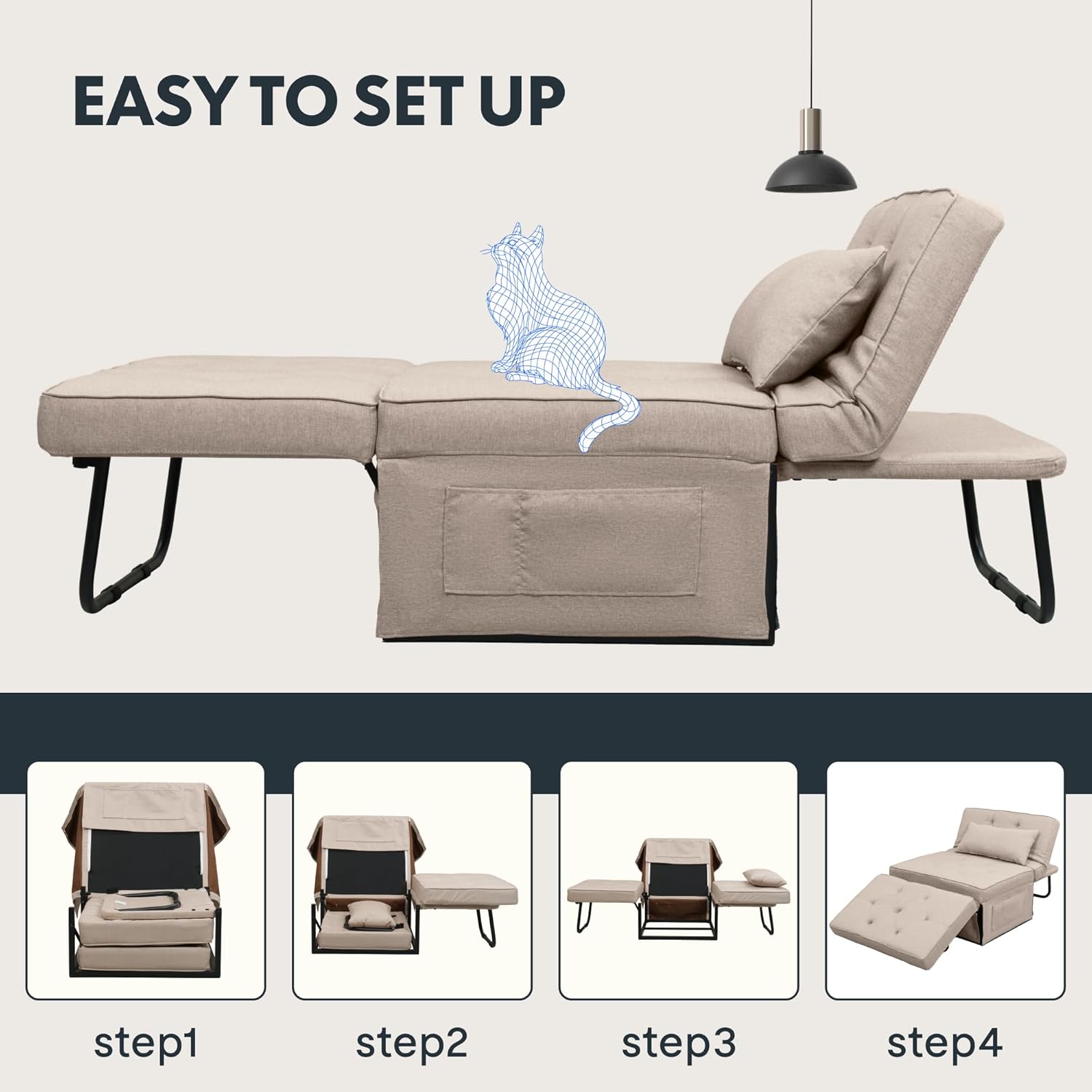 FLEXISPOT Schlafsofa, ausziehbarer Klappsessel mit Bettfunktion, Schlaffunktion, wandelbarer Schlafsessel, Belastbarkeit 300 kg, Grau